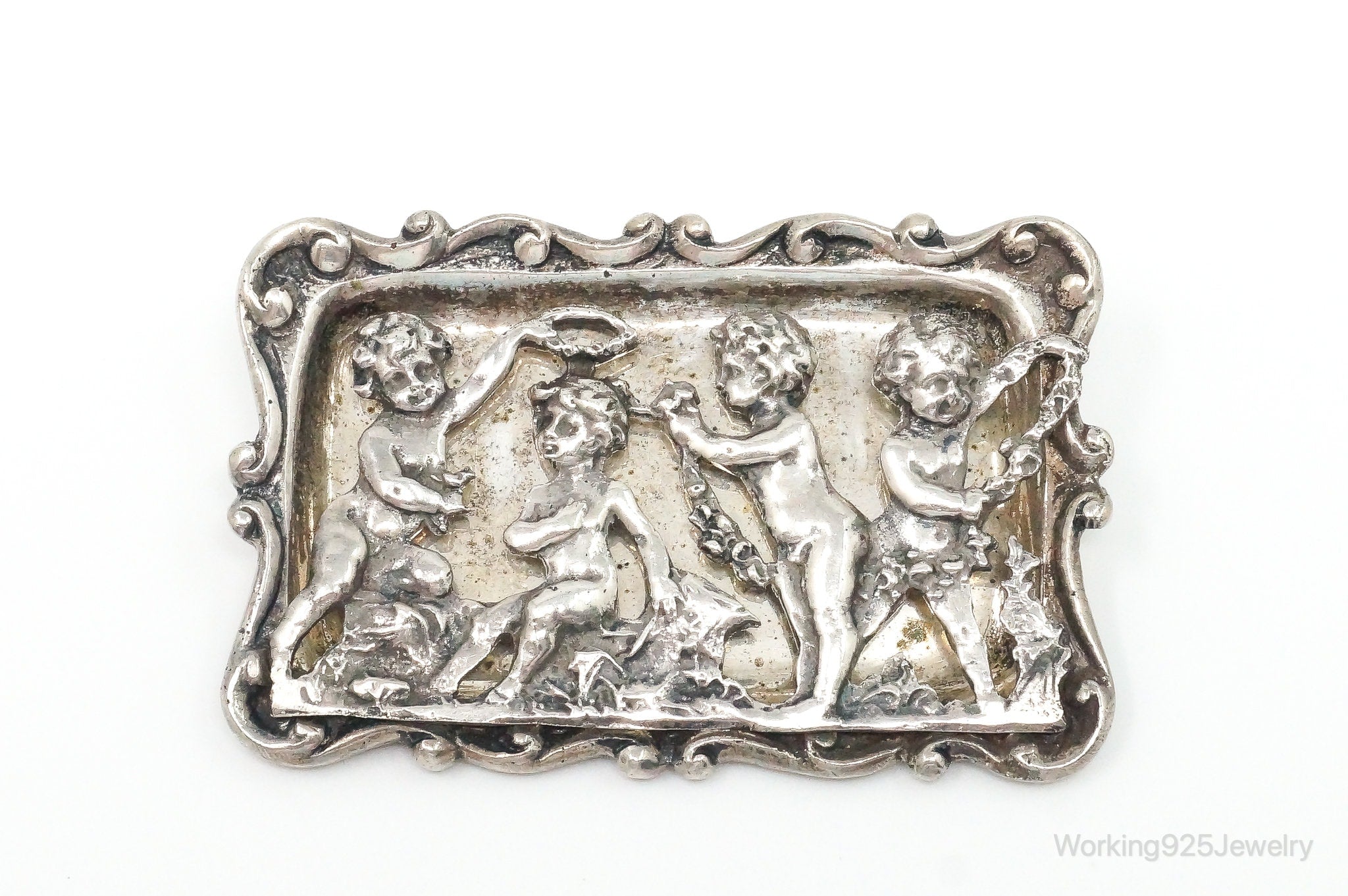 Rare Antique Handmade Cherubs With Garland Sterling Silver Brooch Pin