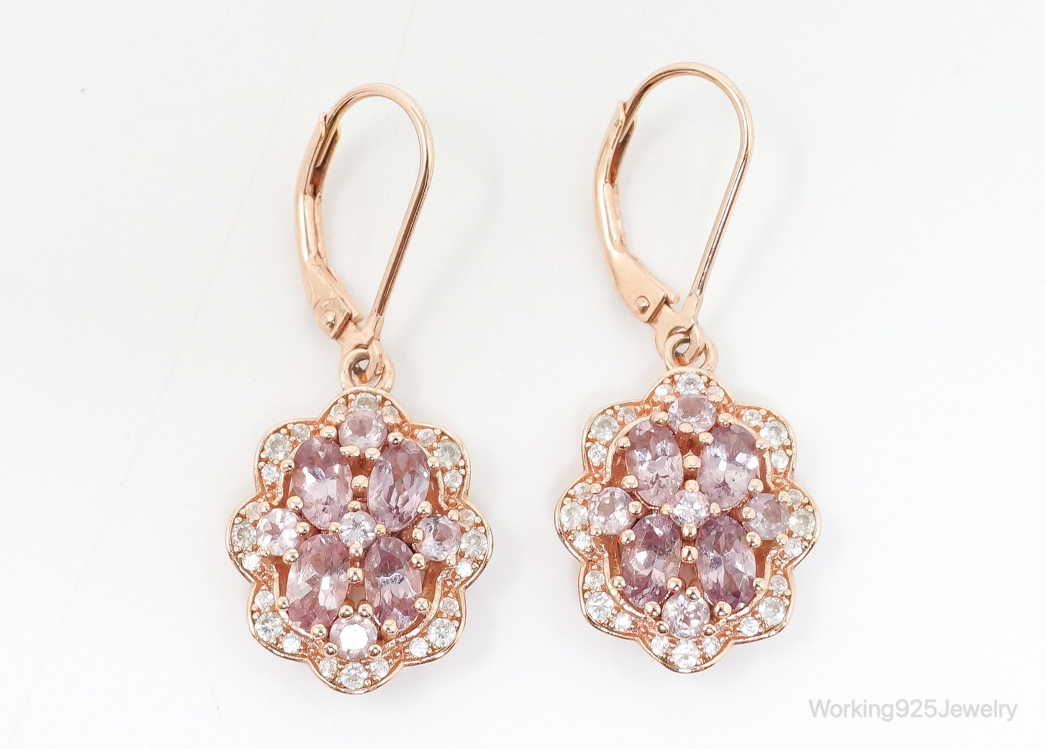 Designer DK CZ Pink Topaz Rose Gold Vermeil Sterling Silver Earrings