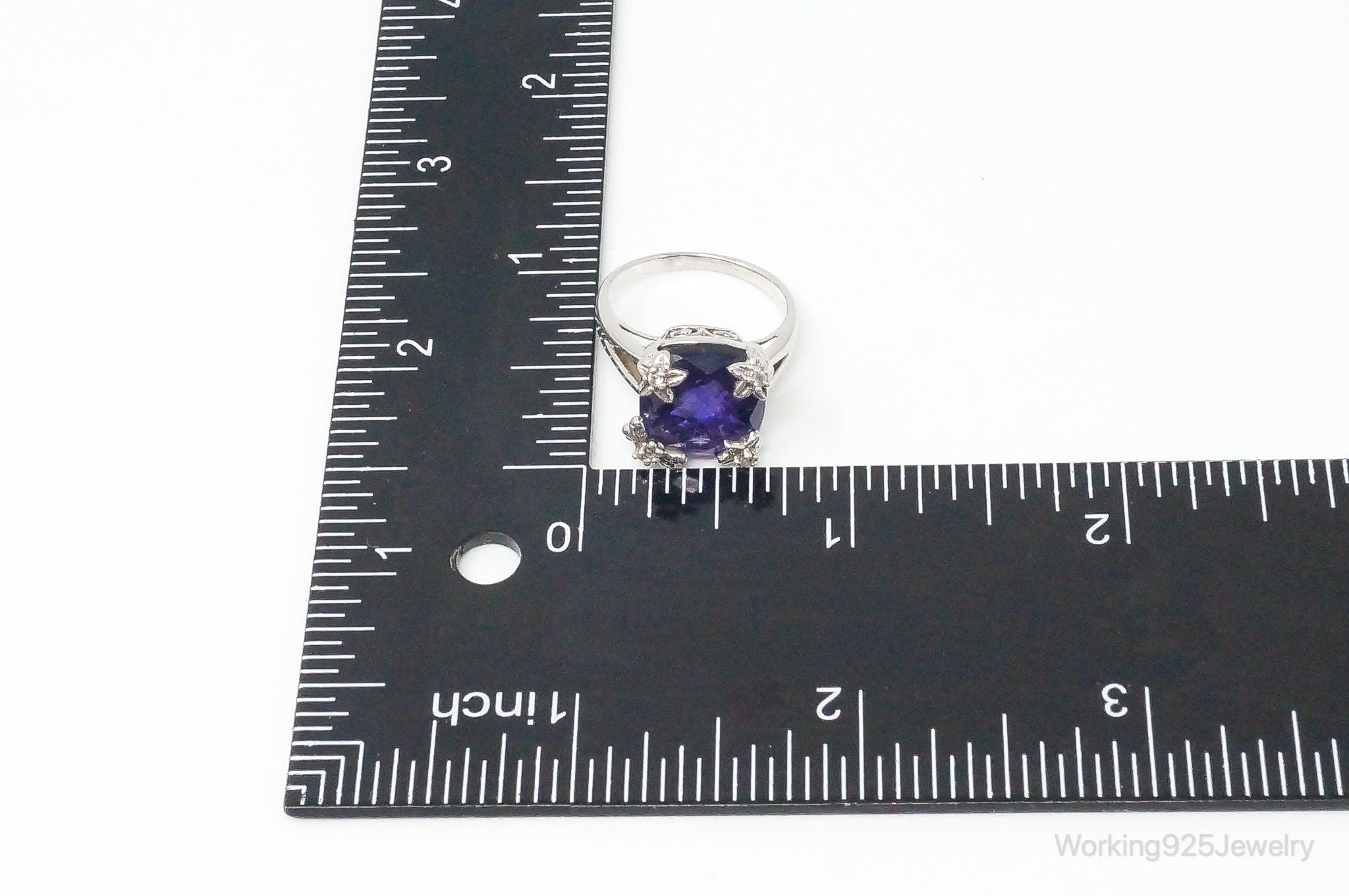 Vintage Large Amethyst Cubic Zirconia Sterling Silver Ring Size 7.25