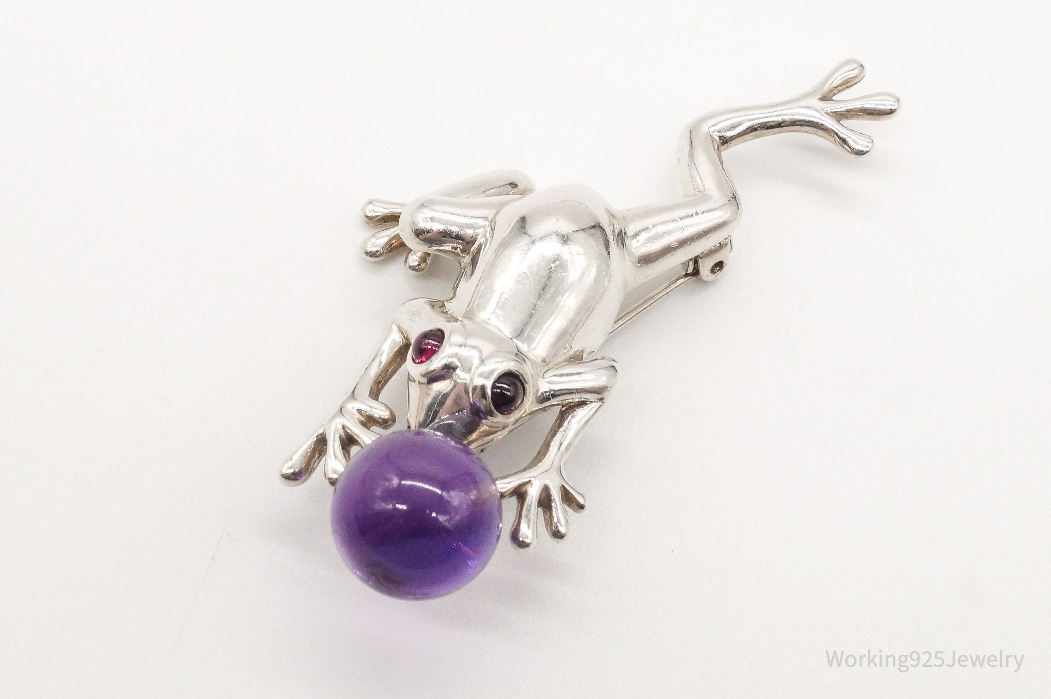 Large Vintage AC Studio Amethyst Garnet Frog Sterling Silver Brooch Pin