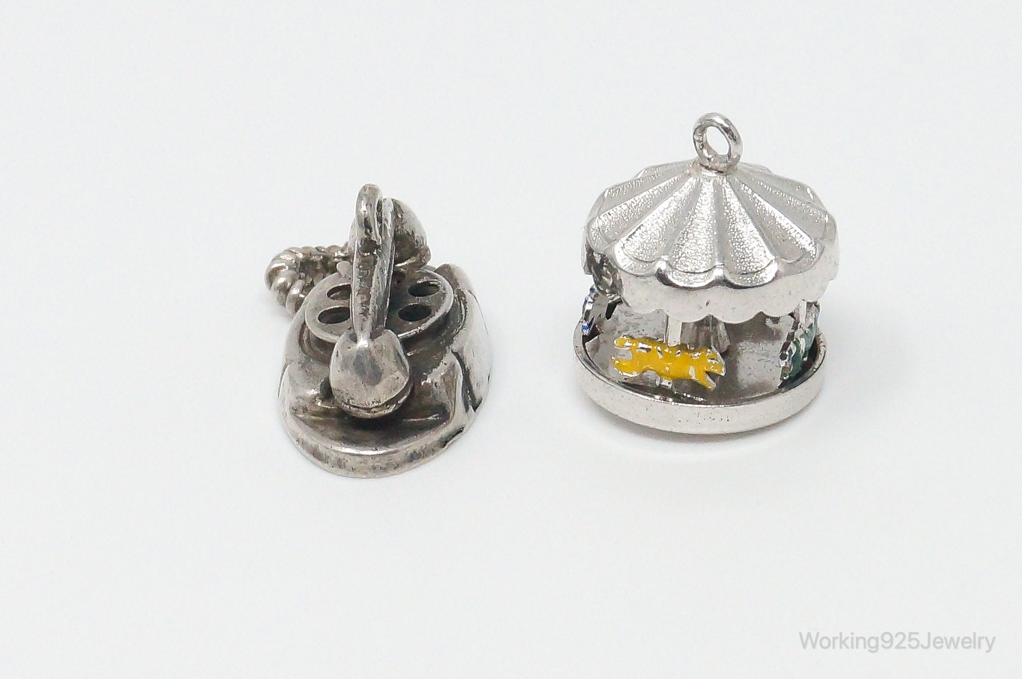 Vintage Antique Merry-Go-Round & Telephone Moving Enamel Sterling Silver Charms