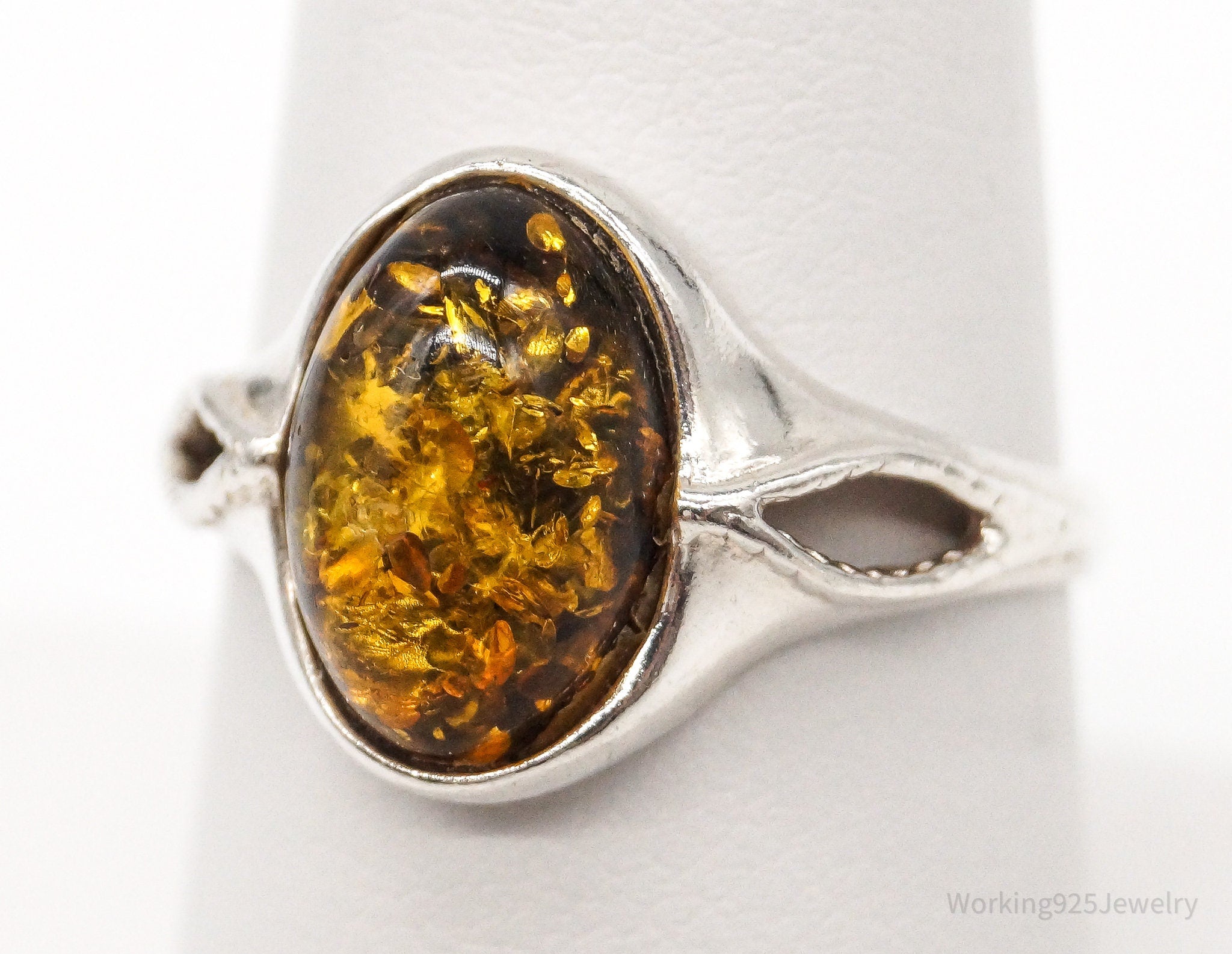 Vintage Designer PS Amber Modernist Sterling Silver Ring - Sz 7.5 Adjustable