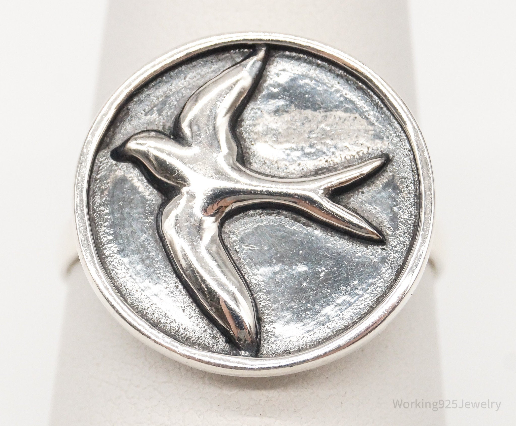 Vintage Designer Oxidized Swallow In Flight Sterling Silver Ring - Size 7.25