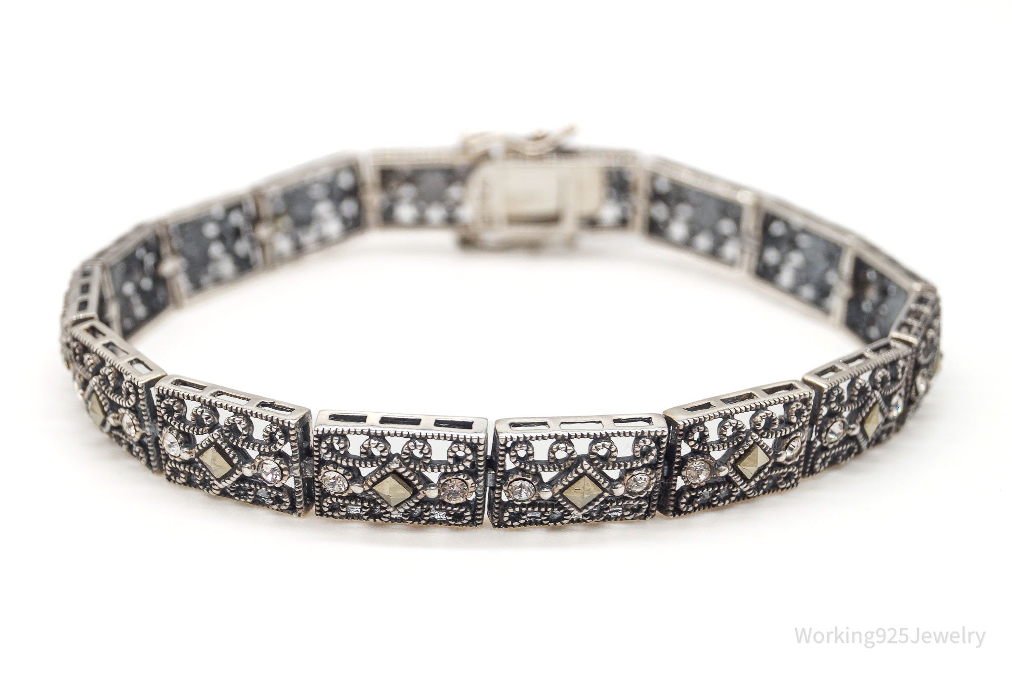 Vintage Cubic Zirconia Marcasite Filigree Sterling Silver Bracelet