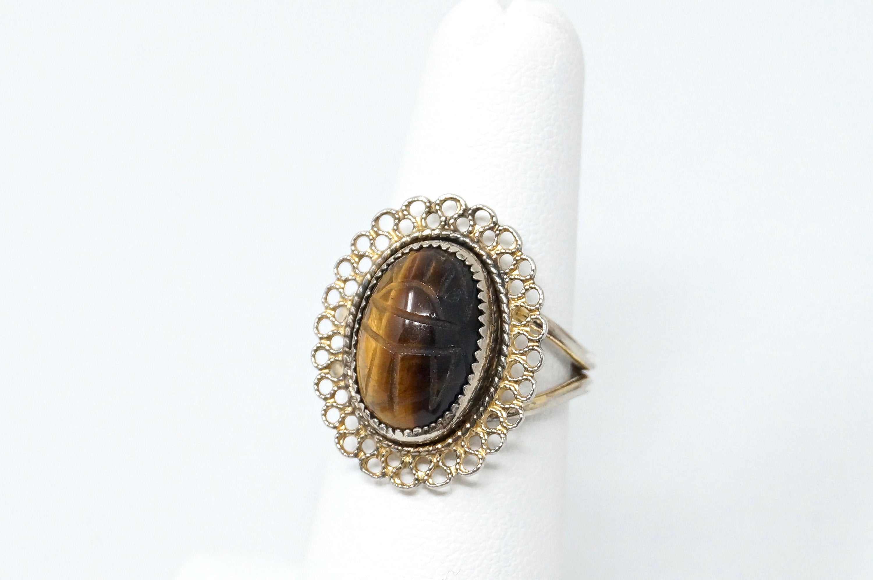 Rare BEAU Tigers EyeScarab Gold Vermeil Sterling Silver Adj. ring - Sz5.25