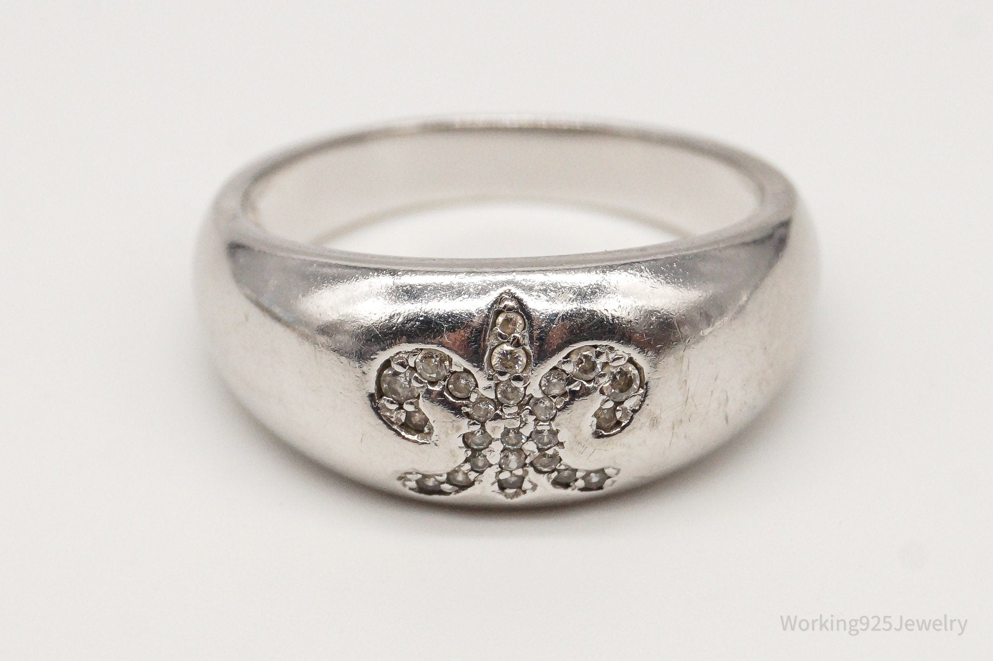 Vintage Fleur De Lis Cubic Zirconia Platinum Clad Sterling Silver Ring-Size 9.75