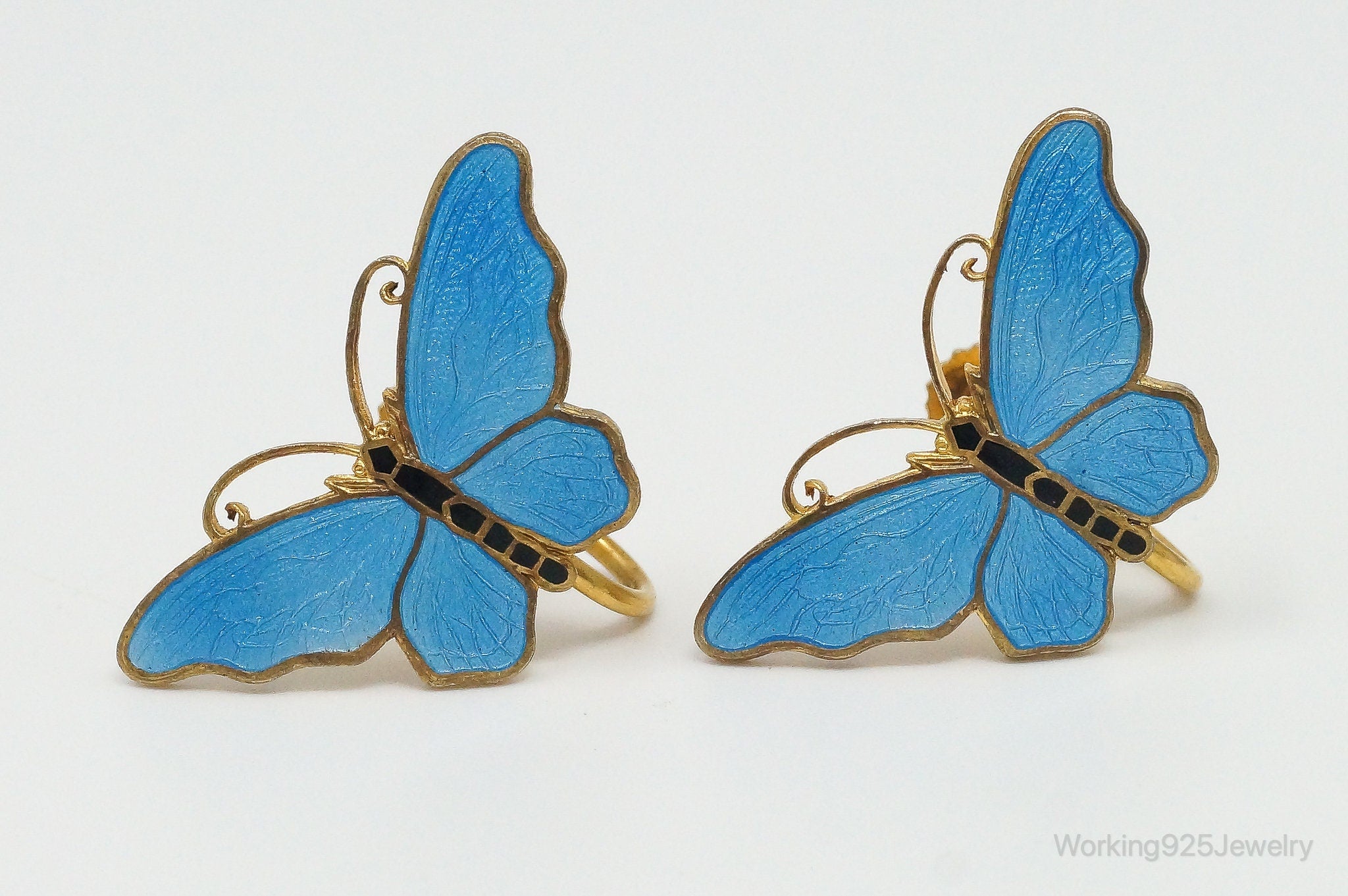 Vintage Blue Enamel Butterflies Gold Vermeil Silver Screw Back Earrings