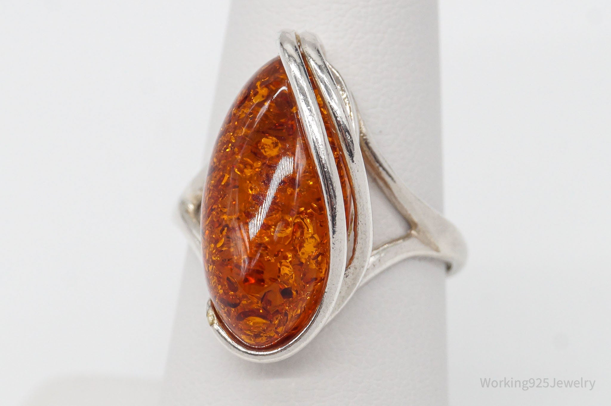 Vintage Amber Modernist Sterling Silver Ring - Size 8.25