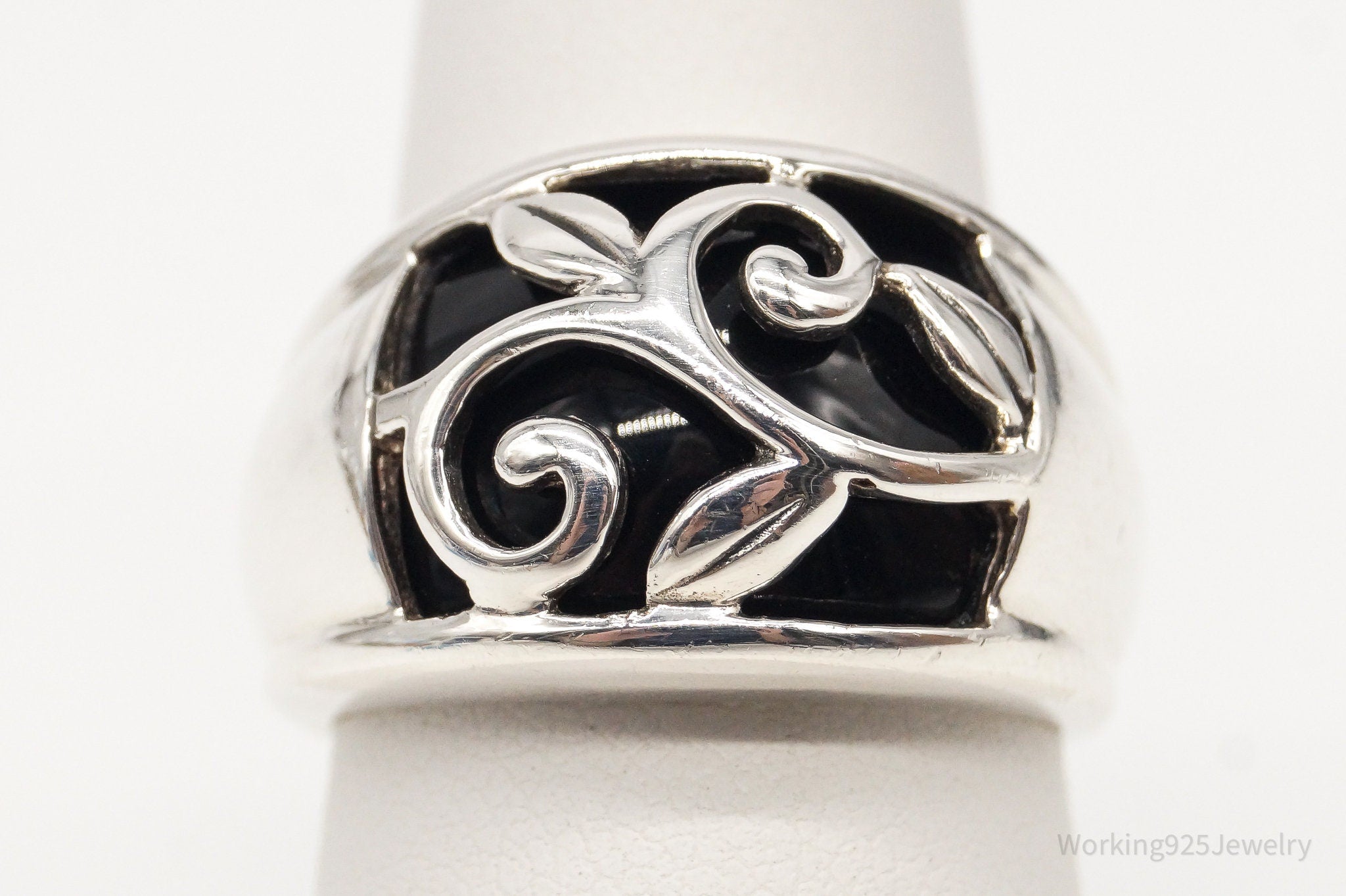 Vintage Black Onyx Vines Sterling Silver Ring - Size 7