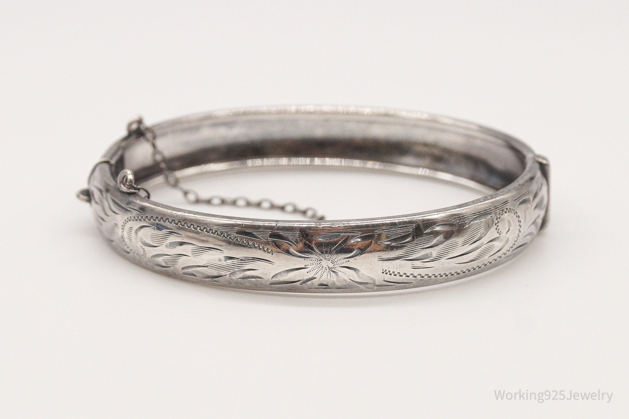 Antique Floral Etched Sterling Silver Bracelet