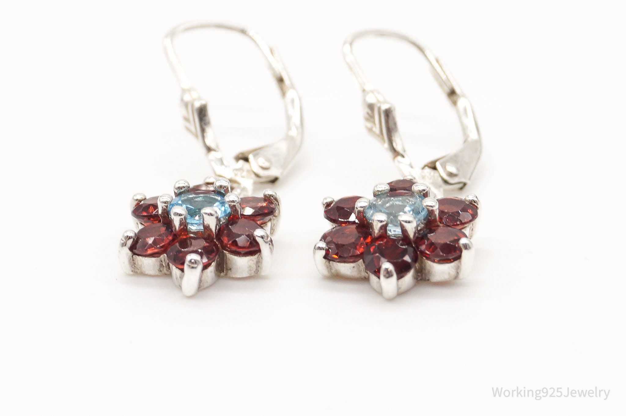 Vintage Blue Topaz Garnet Sterling Silver Flowers Earrings