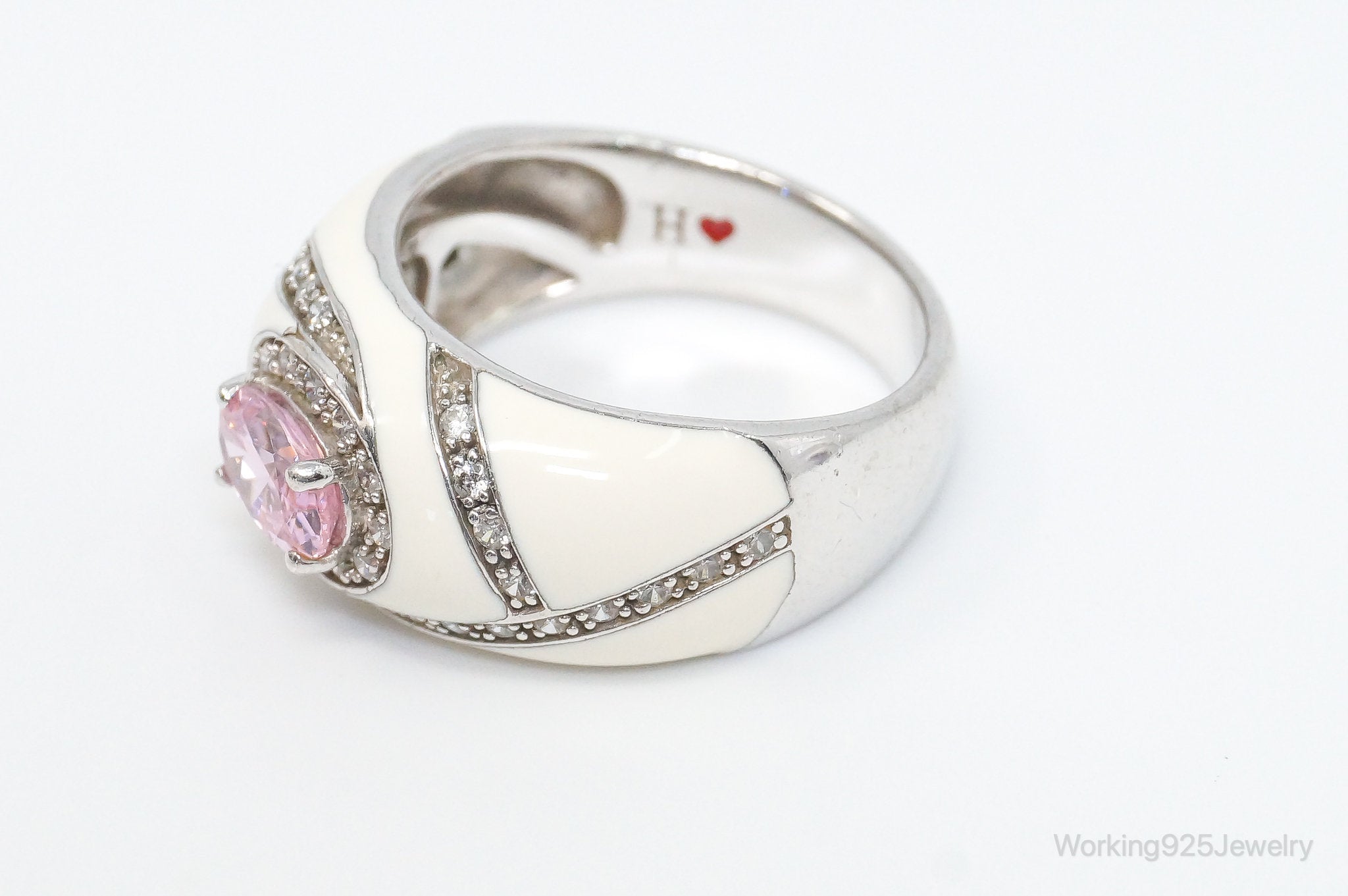 Vintage Designer Pink Cubic Zirconia White Enamel Sterling Silver Ring Sz 7