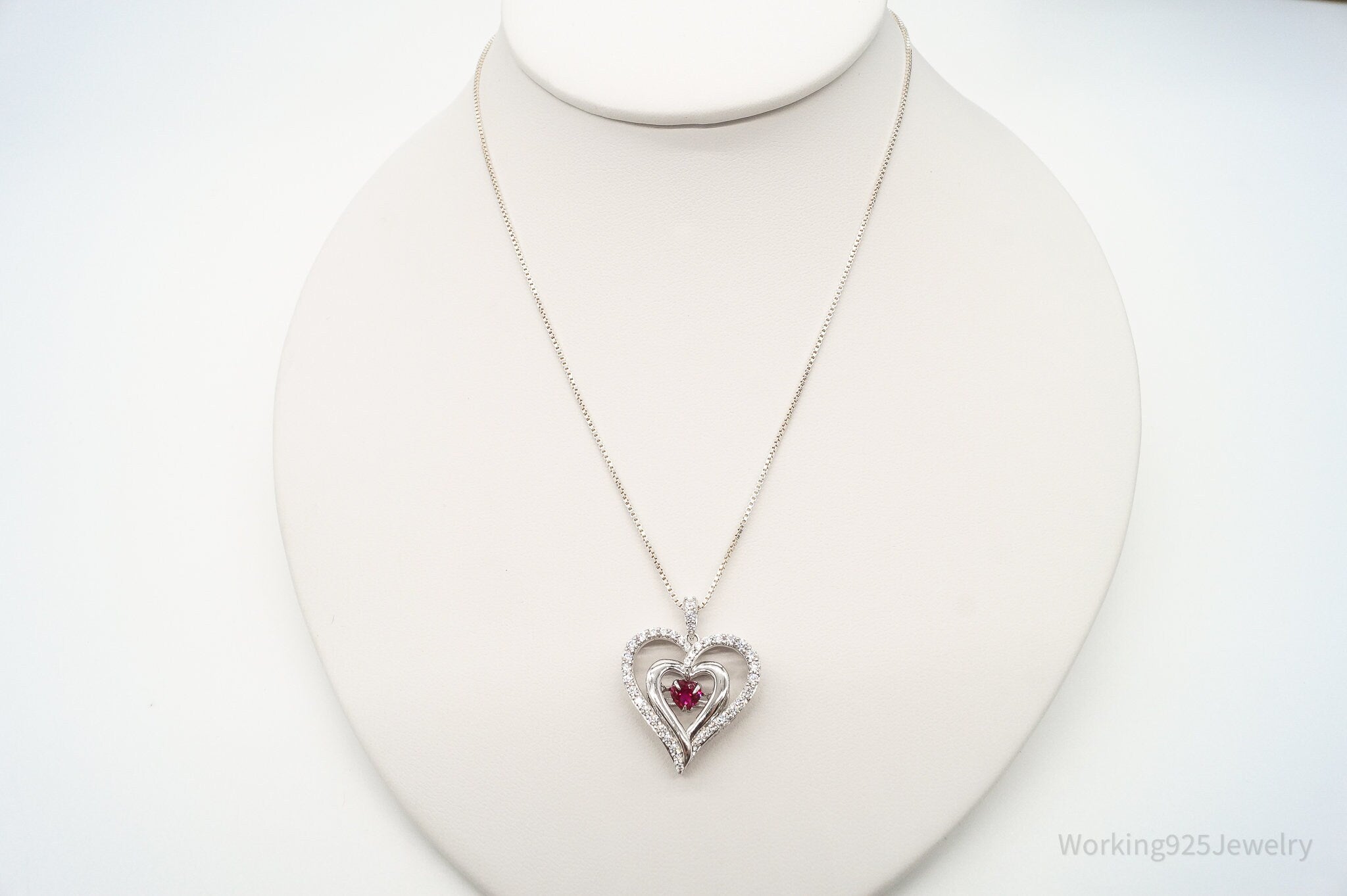 Vintage Designer SUN Ruby Cubic Zirconia Heart Sterling Silver Necklace