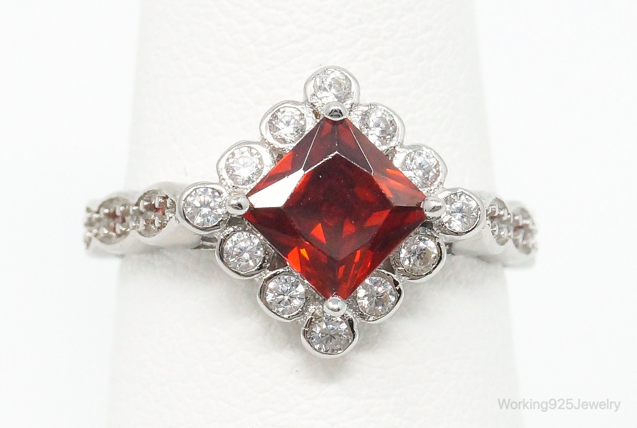 Garnet Cubic Zirconia Sterling Silver Ring - Size 6.5