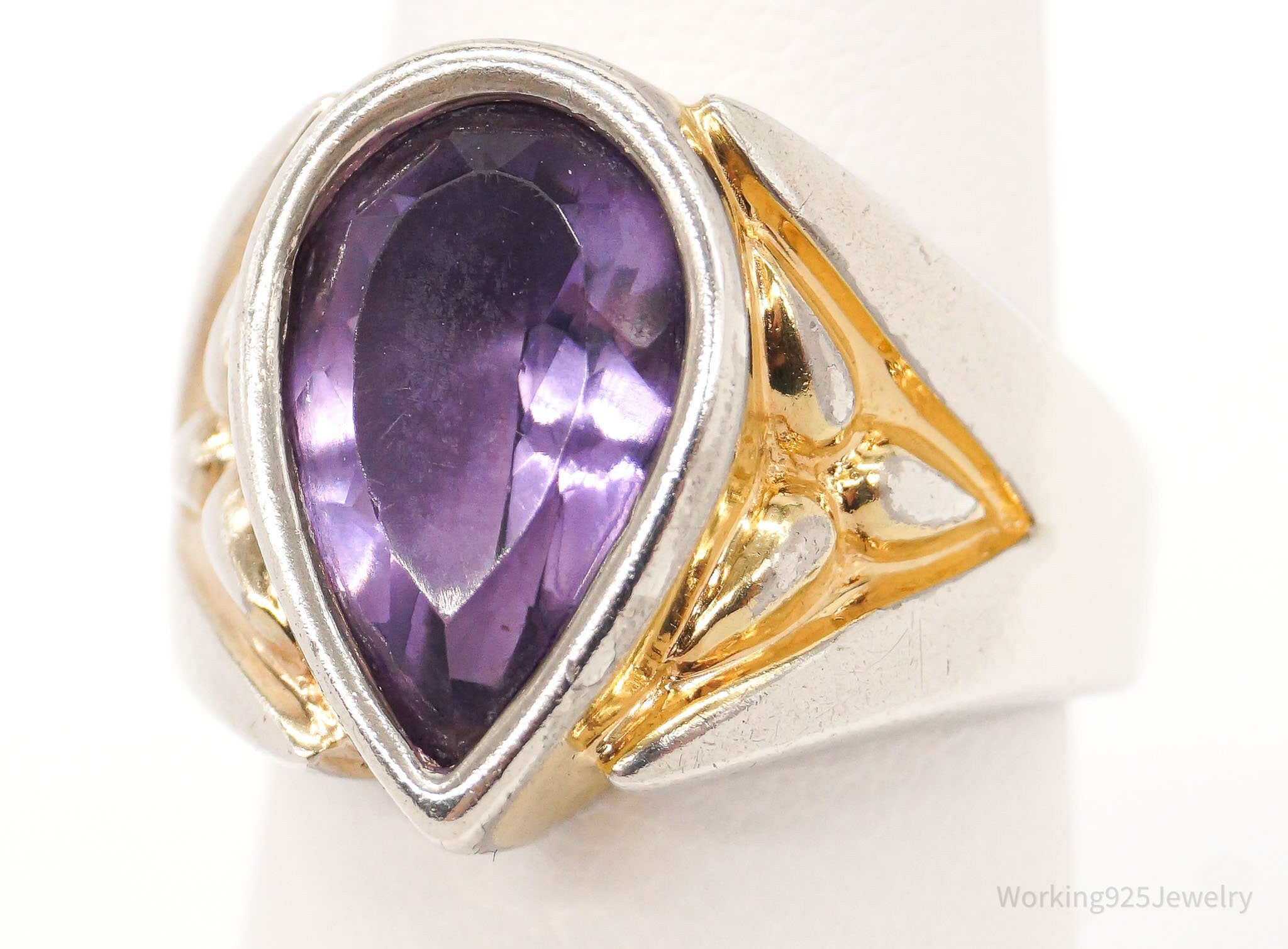 Vintage Large Amethyst Gold Vermeil Sterling Silver Ring - Size 7.25