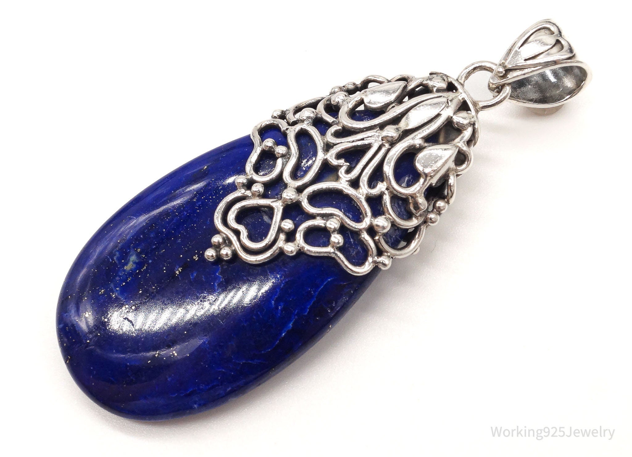 Large India Designer Doug Paulus Lapis Lazuli Ornate Sterling Silver Pendant