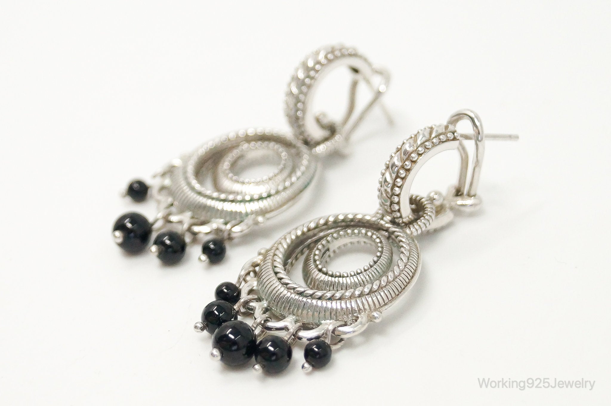 Designer Judith Ripka Black Onyx Cable Sterling Silver Earrings