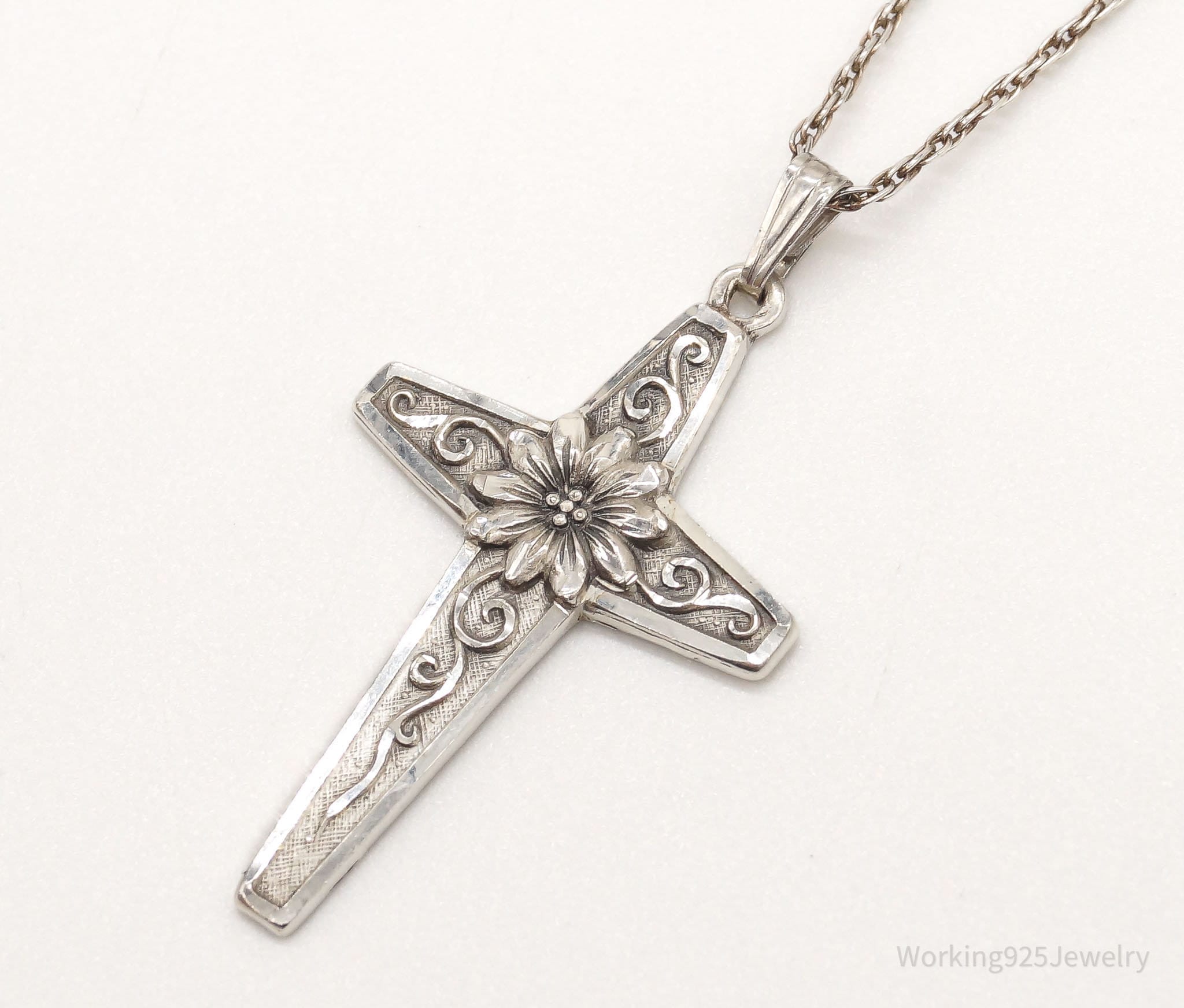 Vintage Designer M De Jean Flower Cross Sterling Silver Necklace