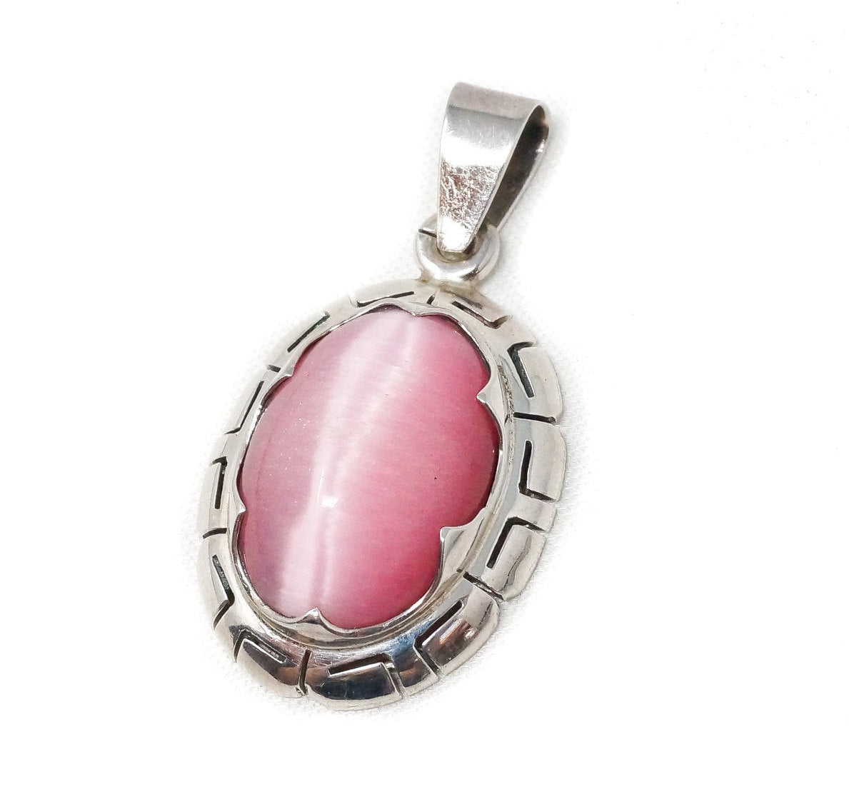 Vintage Handmade Mexico Pink Tigers Eye 950 Silver Southwestern Necklace Pendant