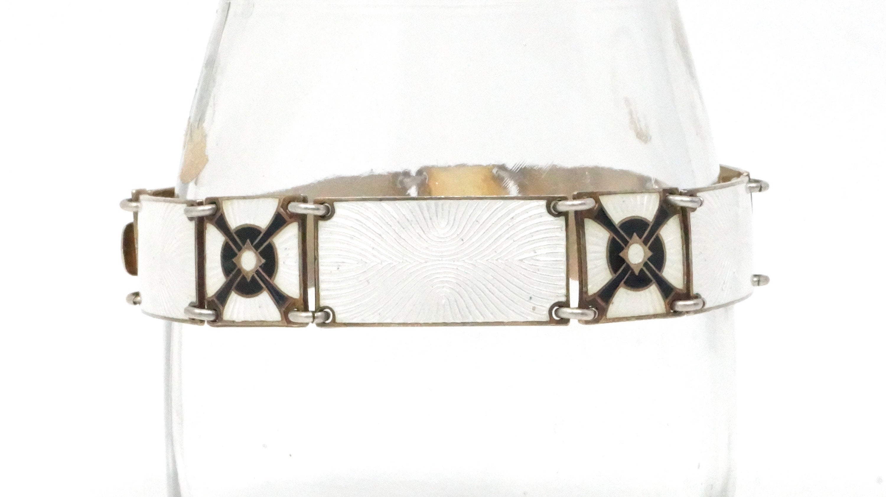 Kristian Hestenes Guilloche White Enamel Gold Panel Sterling Silver Bracelet