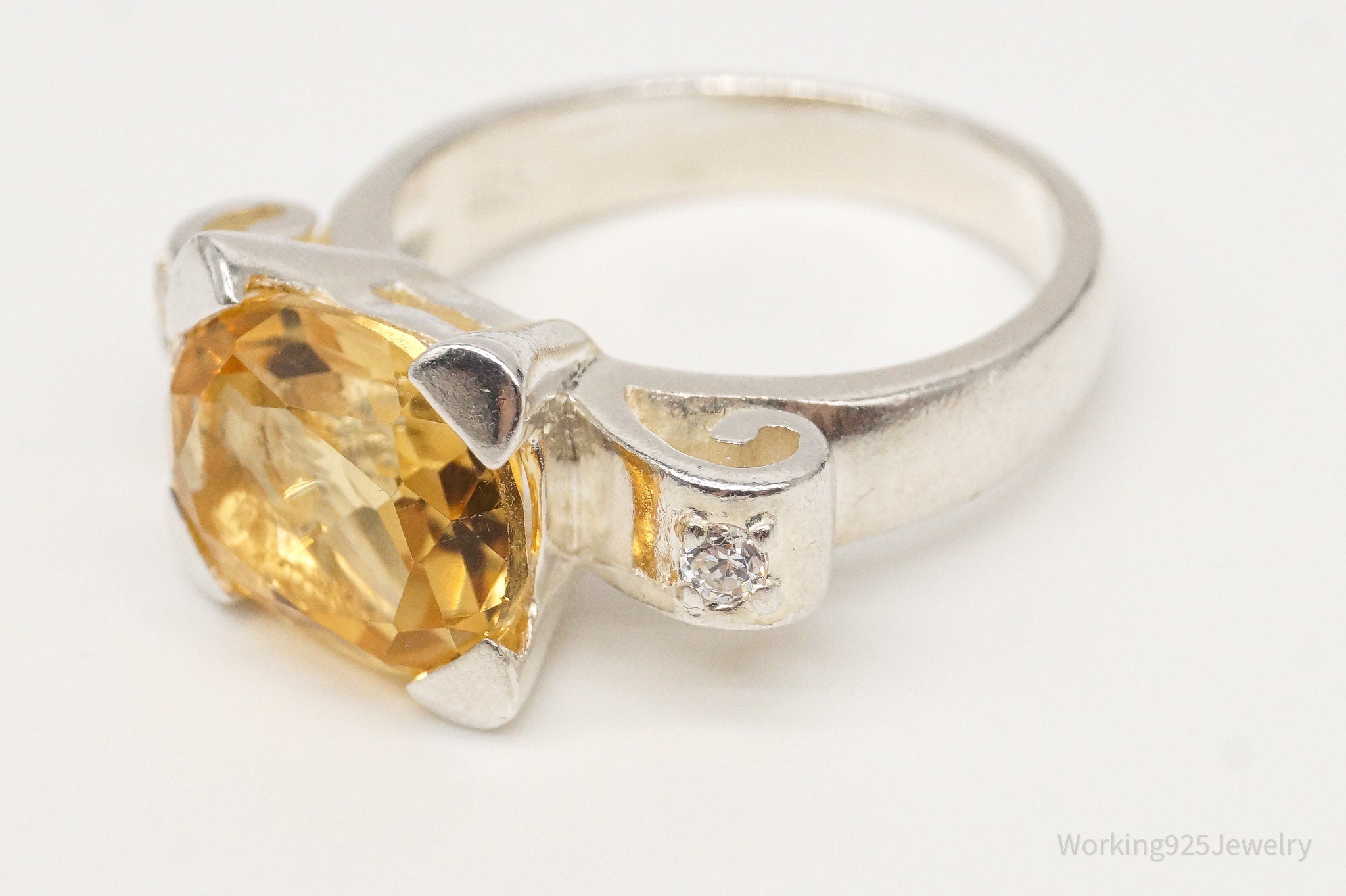 Vintage Large Citrine Cubic Zirconia Sterling Silver Ring - Size 6