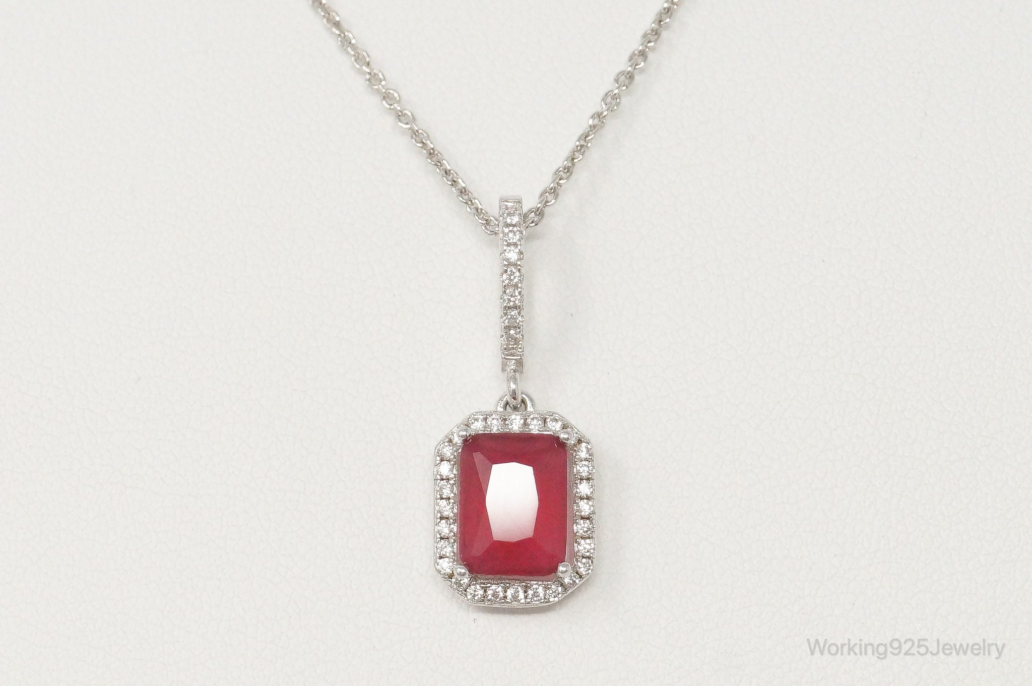 Vintage Art Deco Ruby Cubic Zirconia Sterling Silver Necklace