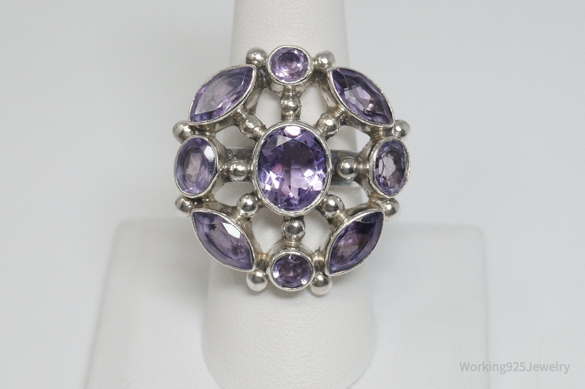 Vintage Art Deco Amethyst Sterling Silver Ring - Sz 8.5