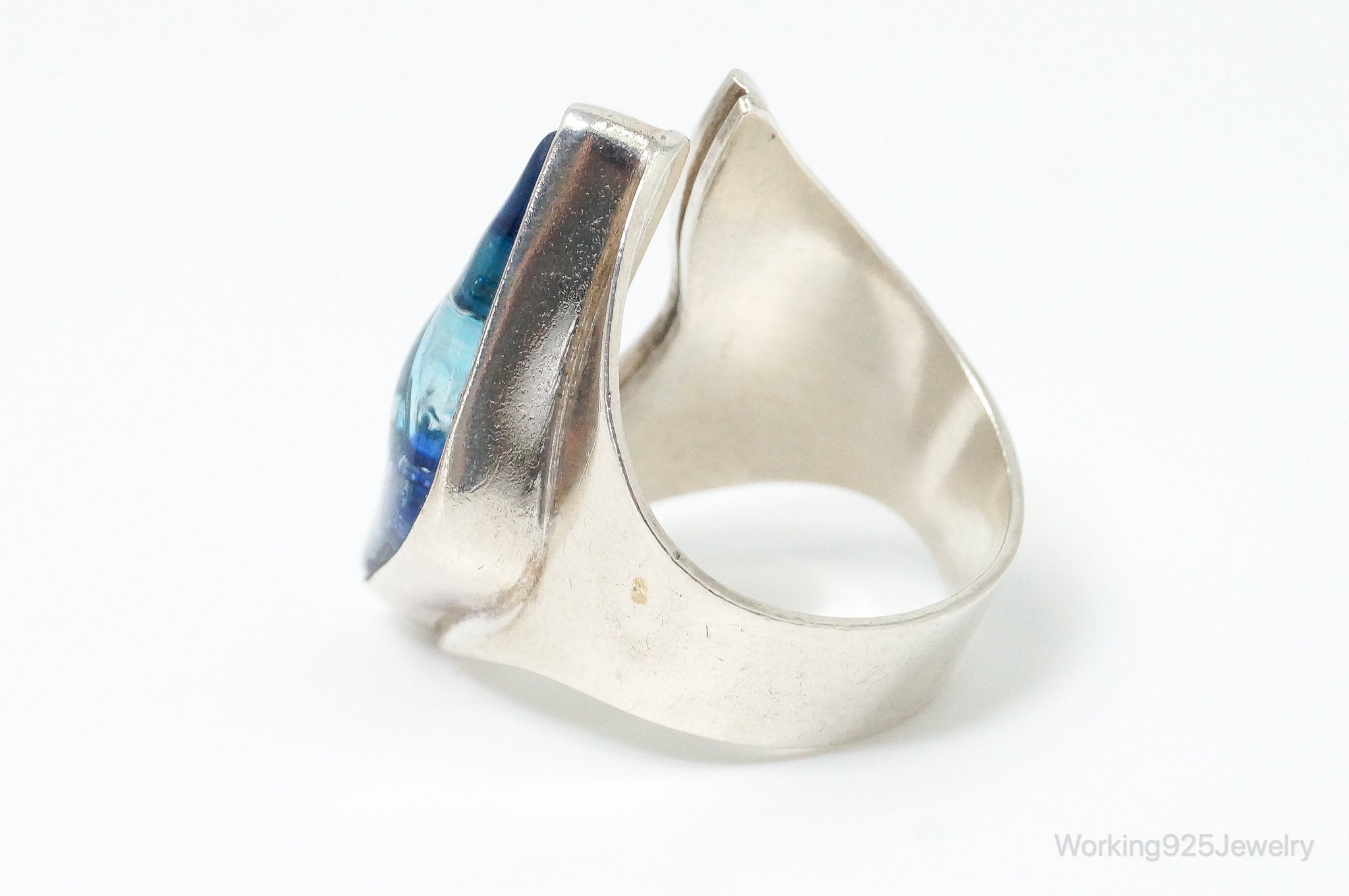 Vintage Blue Dichroic Glass Modernist Sterling Silver Wrap Ring SZ 8.25