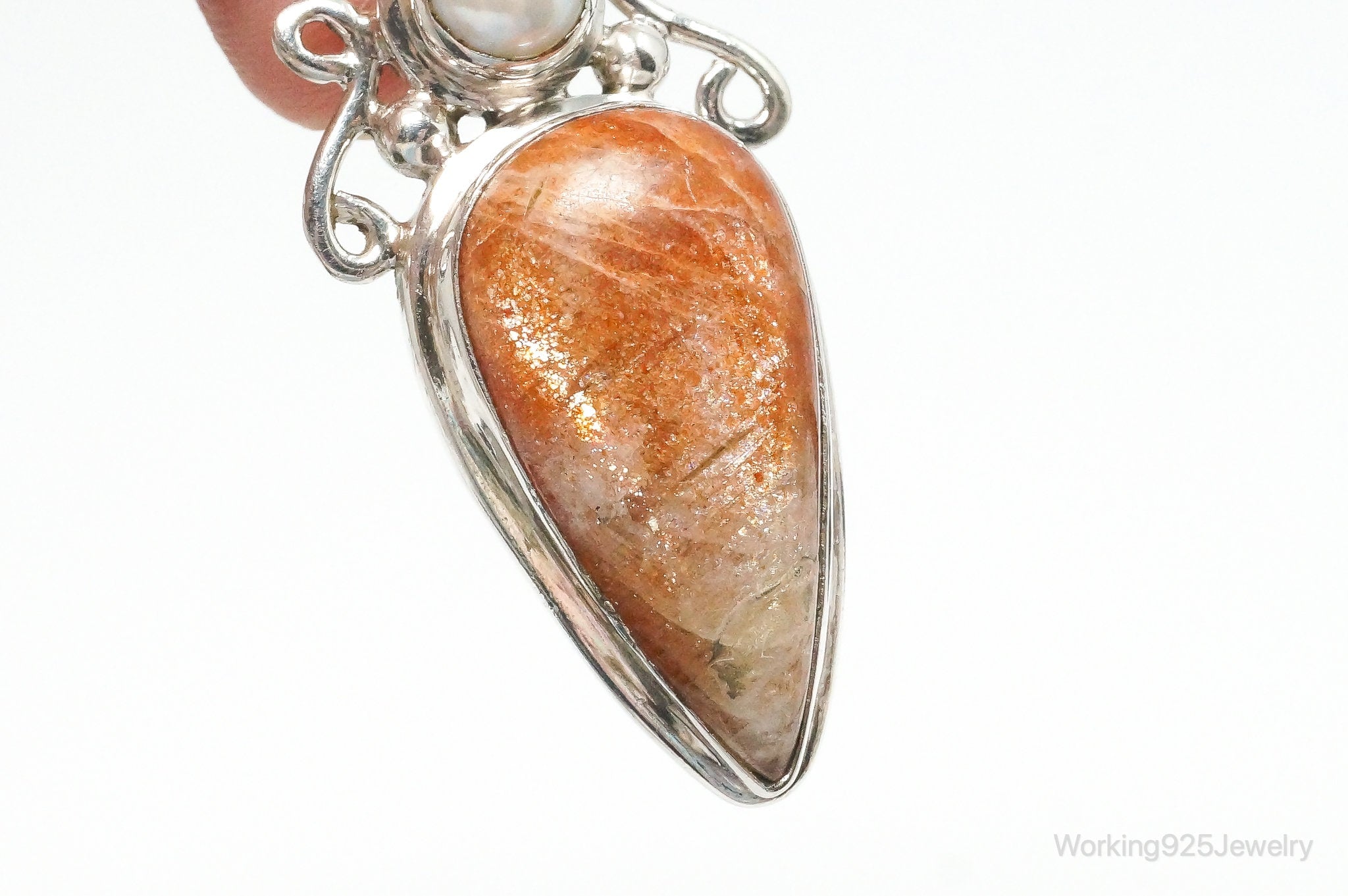 Large Vintage Sunstone Pearl Sterling Silver Pendant