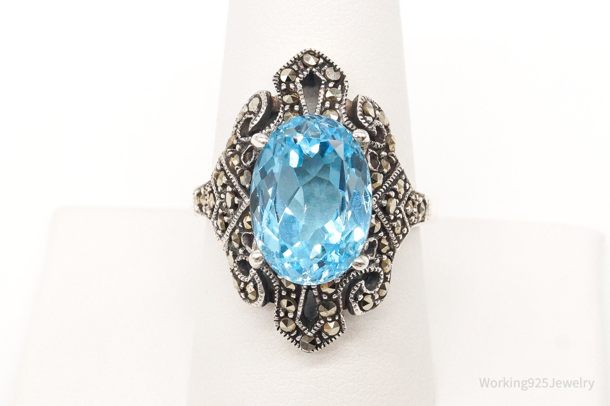 Vintage Large Blue Topaz Marcasite Sterling Silver Ring - Size 8.75