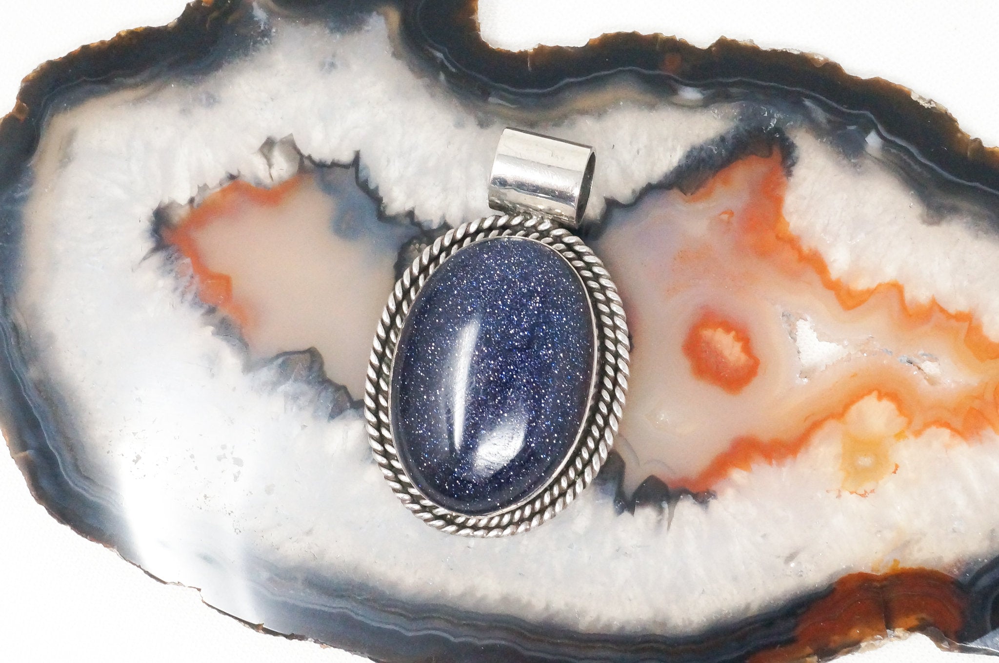 Vintage Handmade Blue Goldstone Sterling Silver Southwestern Necklace Pendant