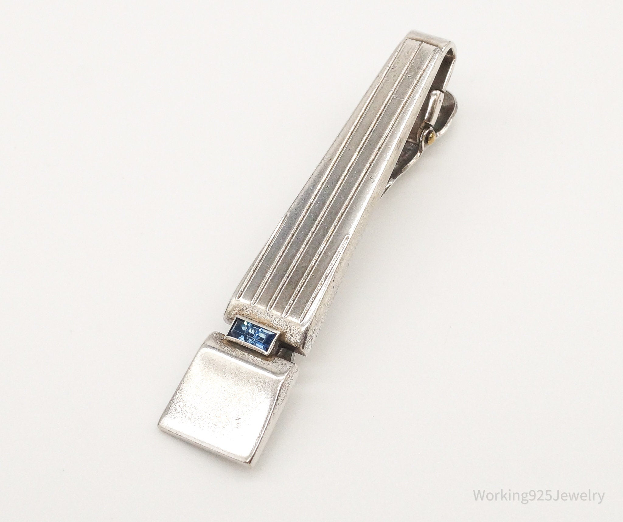 Vintage Designer Anson Blue Glass Stone Sterling Silver Tie Bar Clip