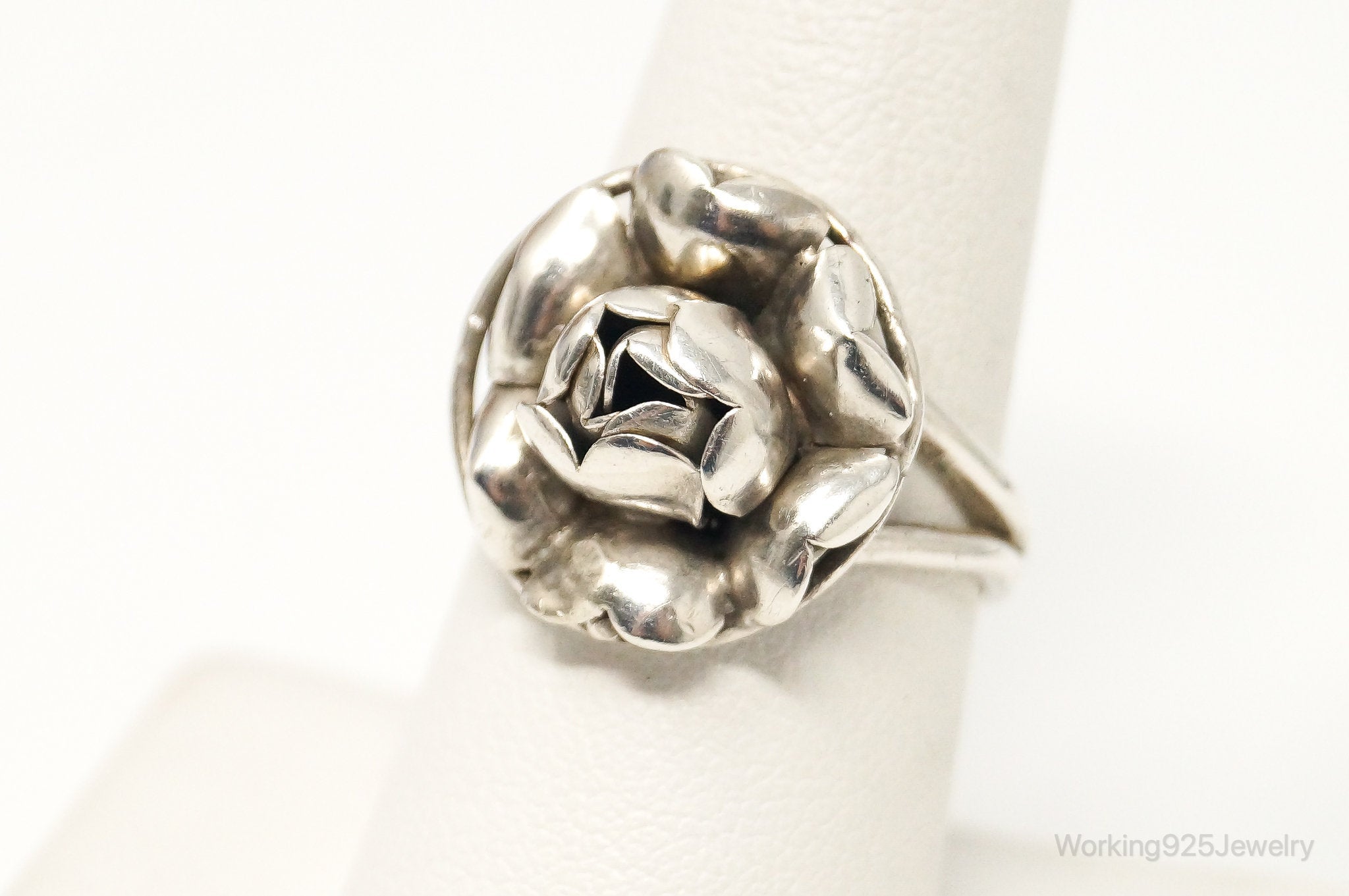 Vintage Handmade 3D Flower Sterling Silver Ring - Size 7.75