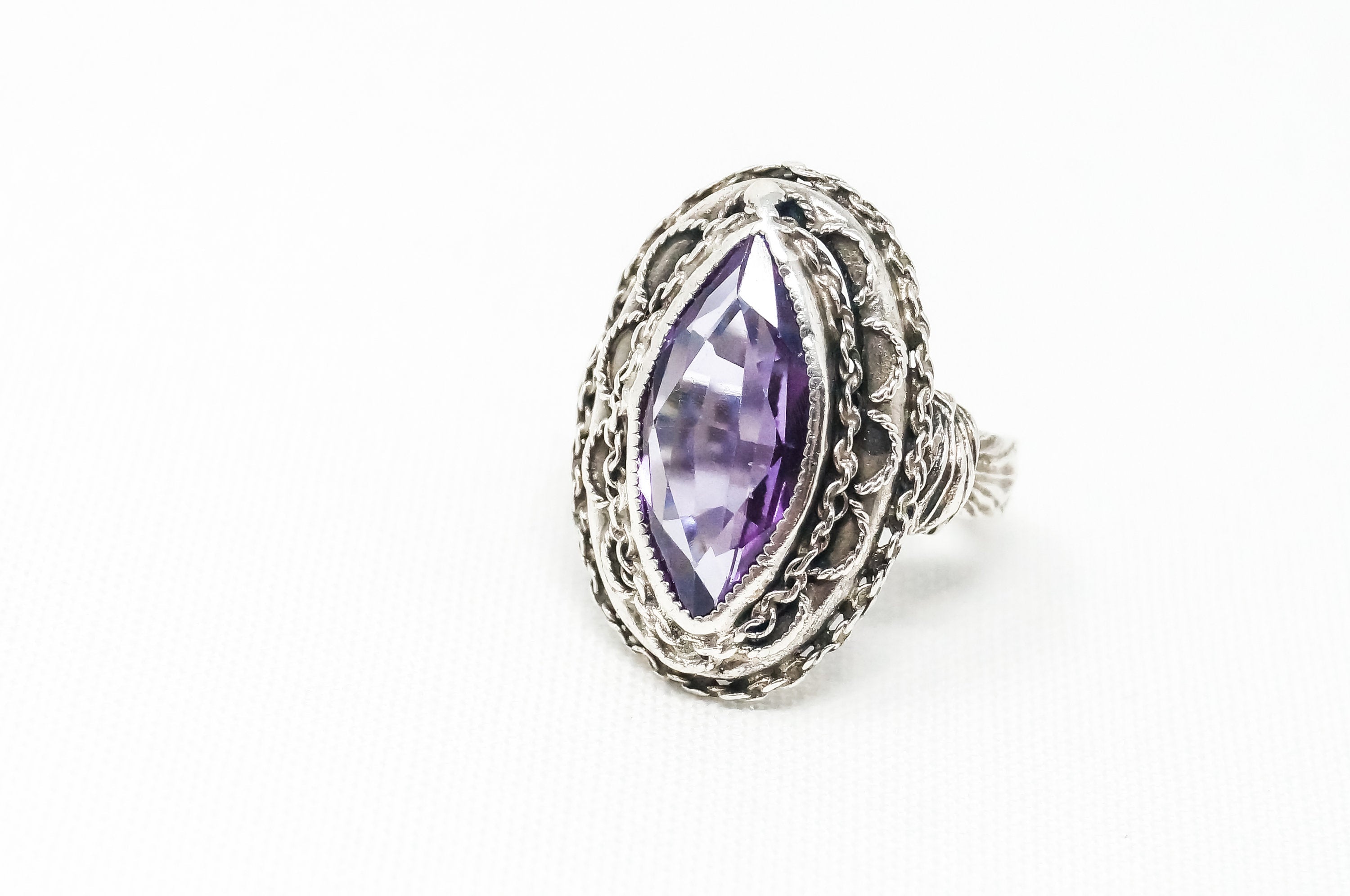 Vintage Art Deco Amethyst Sterling Silver Ring - Sz 4.5 - 785070524