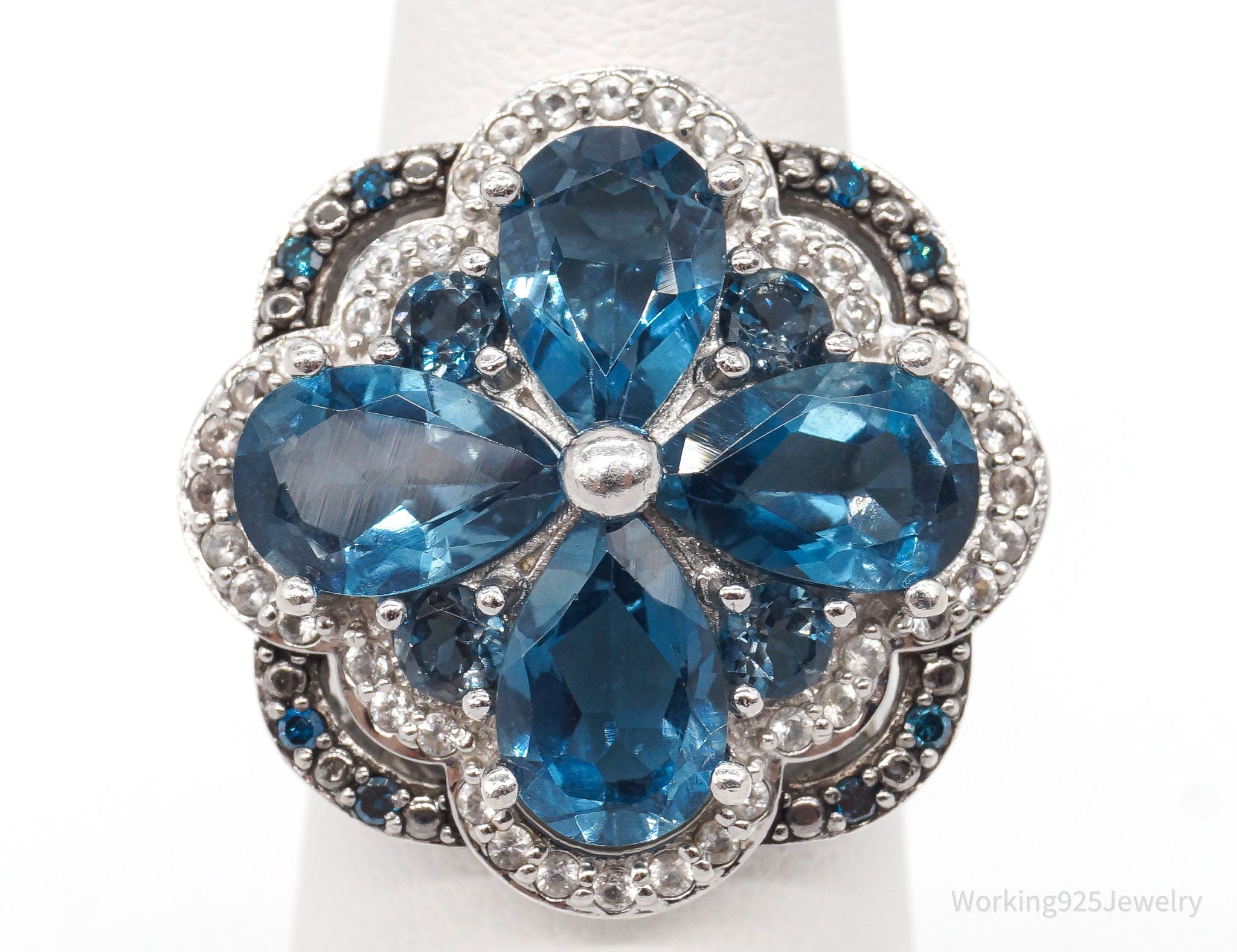 Designer JT Blue & White Topaz Blue Diamond Sterling Silver Ring -SZ 5