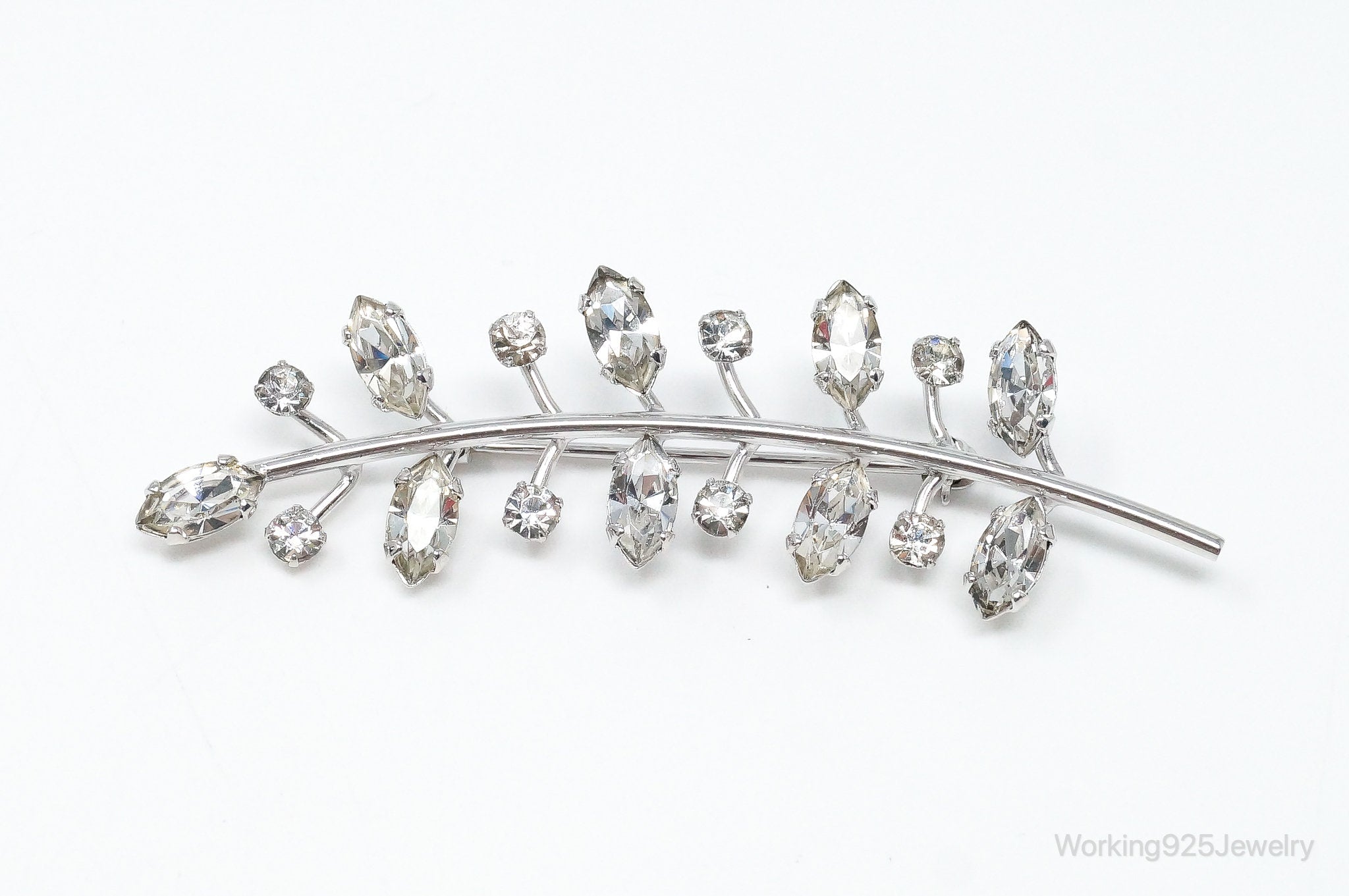 Vintage Designer Lang Rhinestone Leaf Branch Sterling Silver Brooch Pin