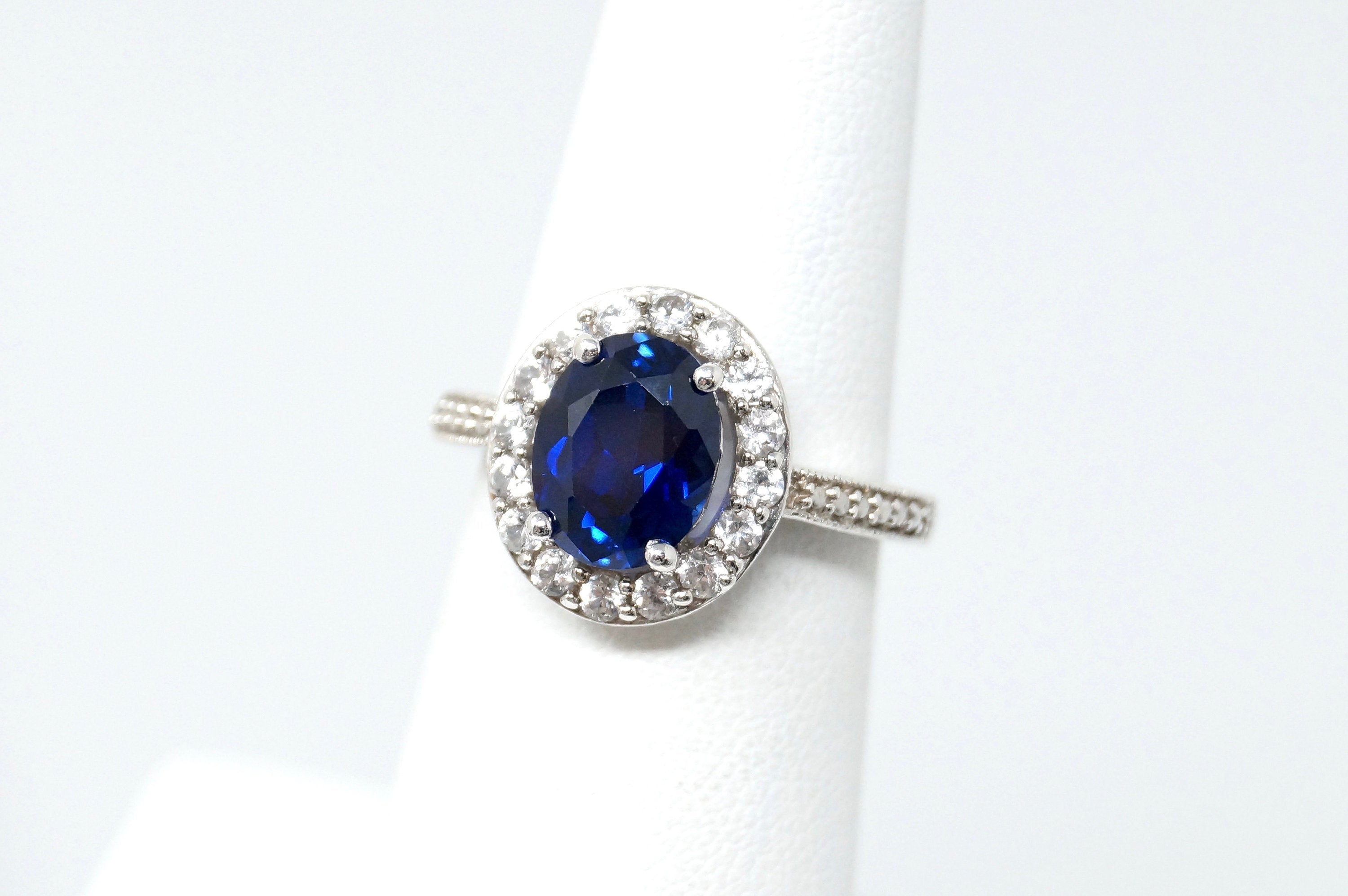 Vintage Art Deco Blue Sapphire Cz Statement Ring Sterling Silver Sz 5.25