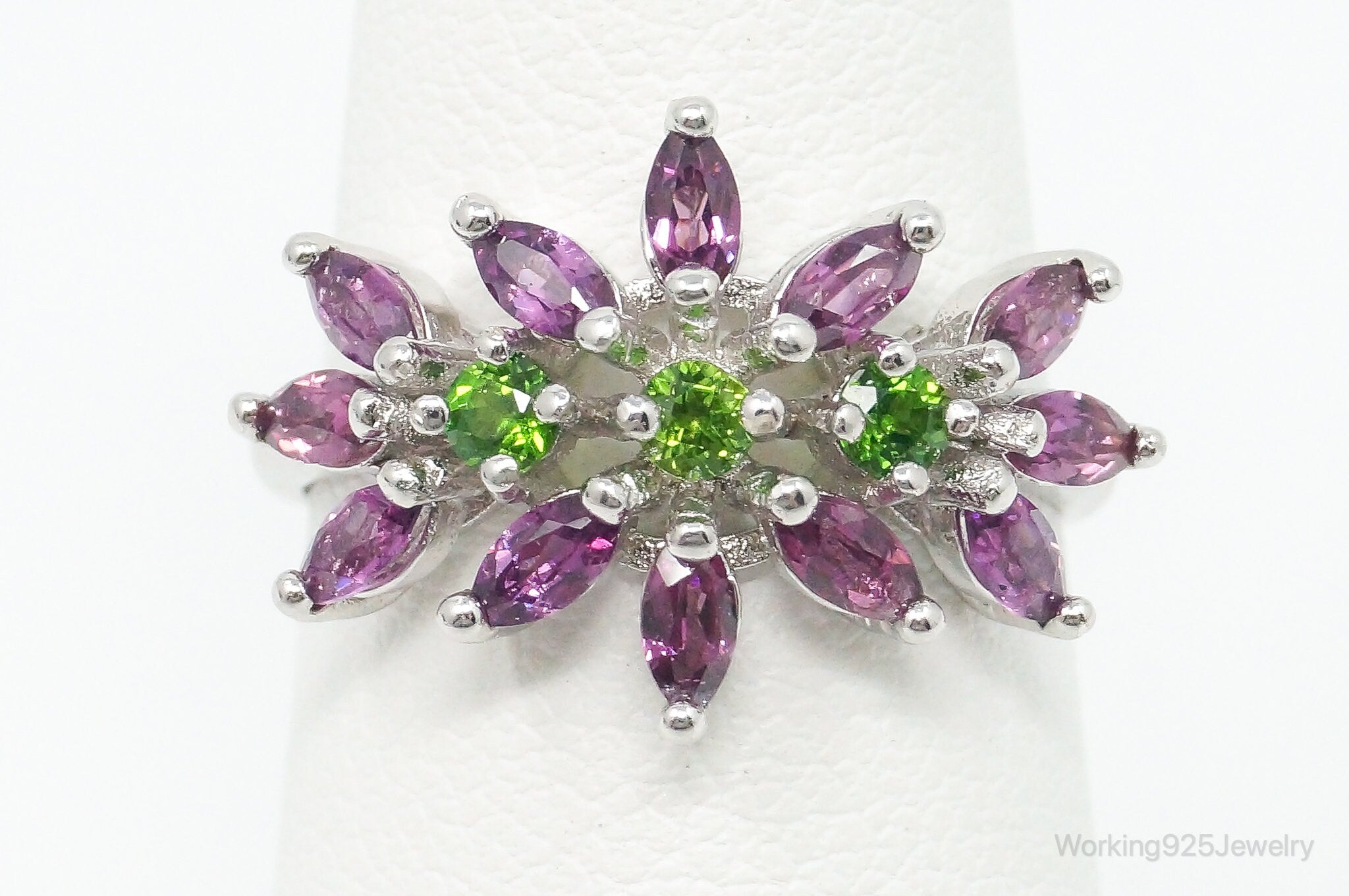 Rhodolite Garnet Green Cubic Zirconia Sterling Silver Ring - Size 6.5 Adjustable