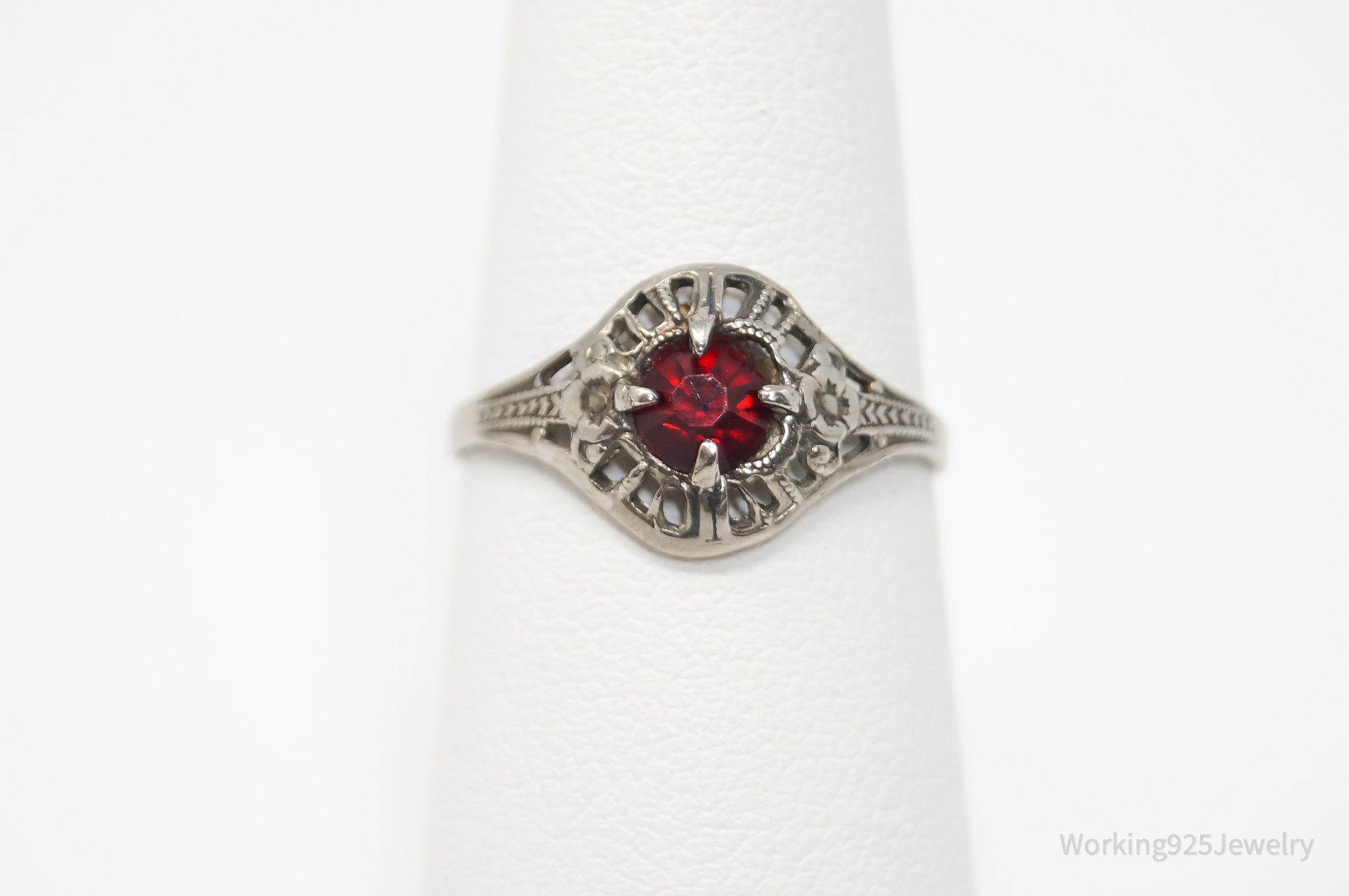 Antique Designer Red Art Glass Sterling Silver Ring - Size 5.75