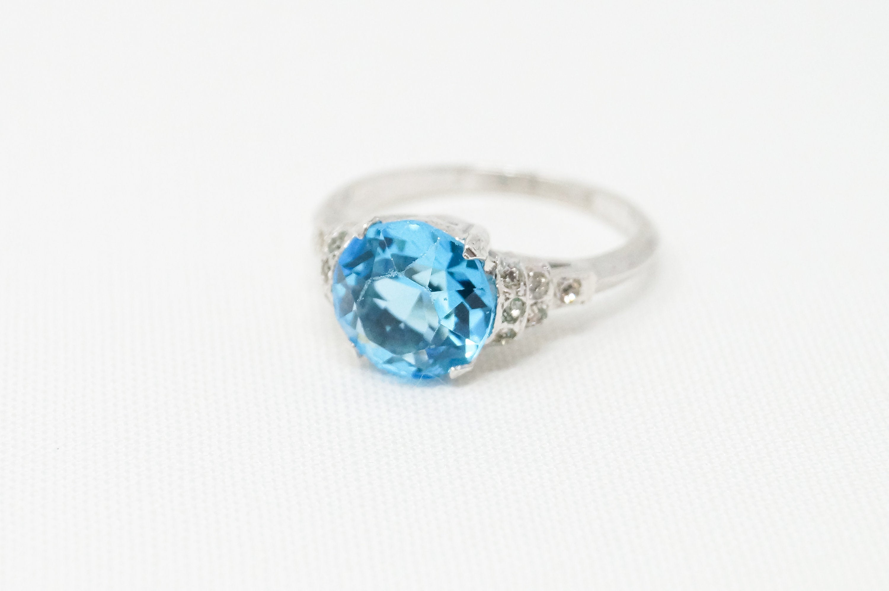 Antique Blue Topaz Cubic Zirconia Art Deco Sterling Silver Ring - Sz 5.75