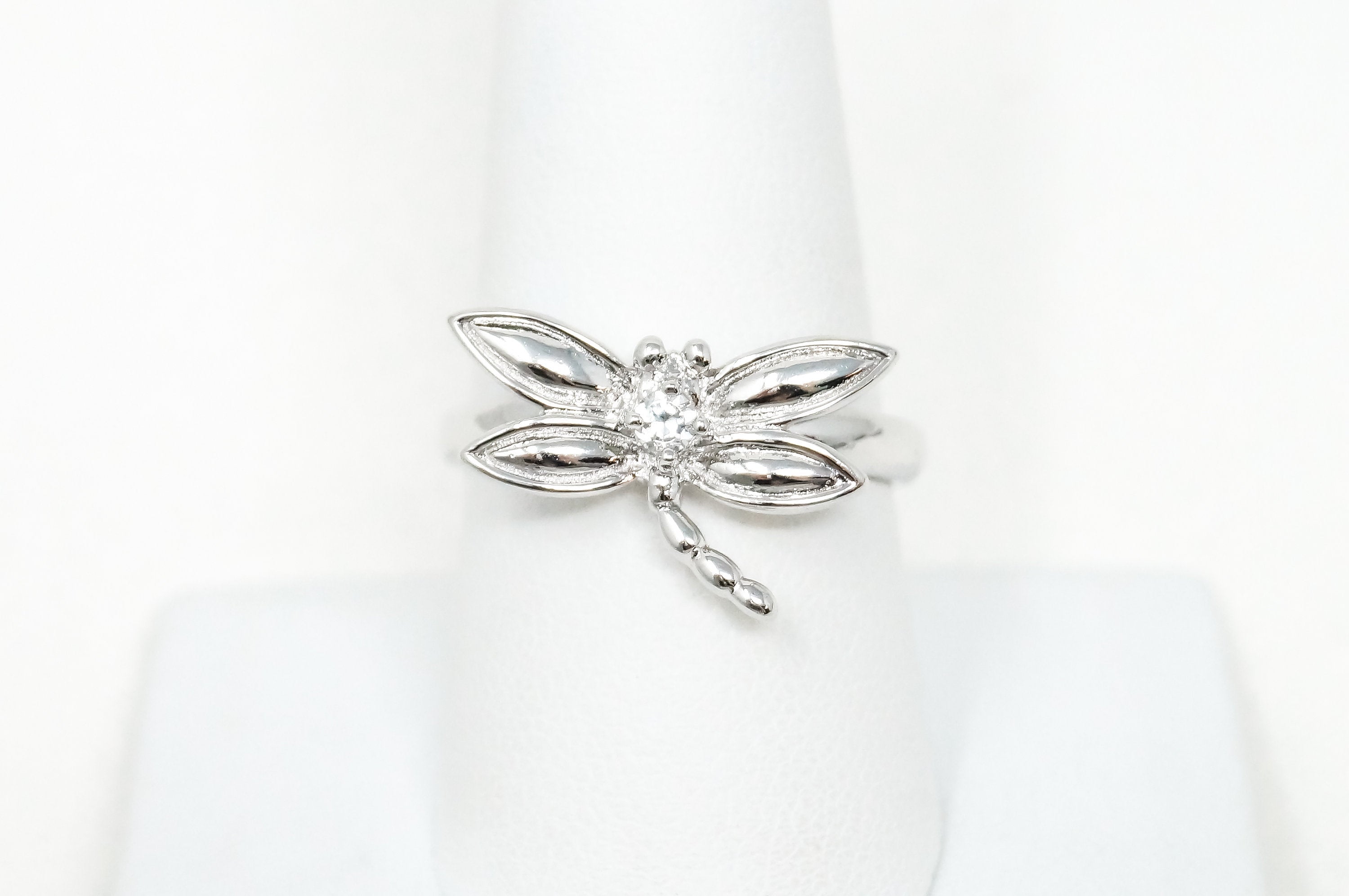 Vintage Cubic Zirconia Dragonfly Sterling Silver Ring - Sz 9 -784203114