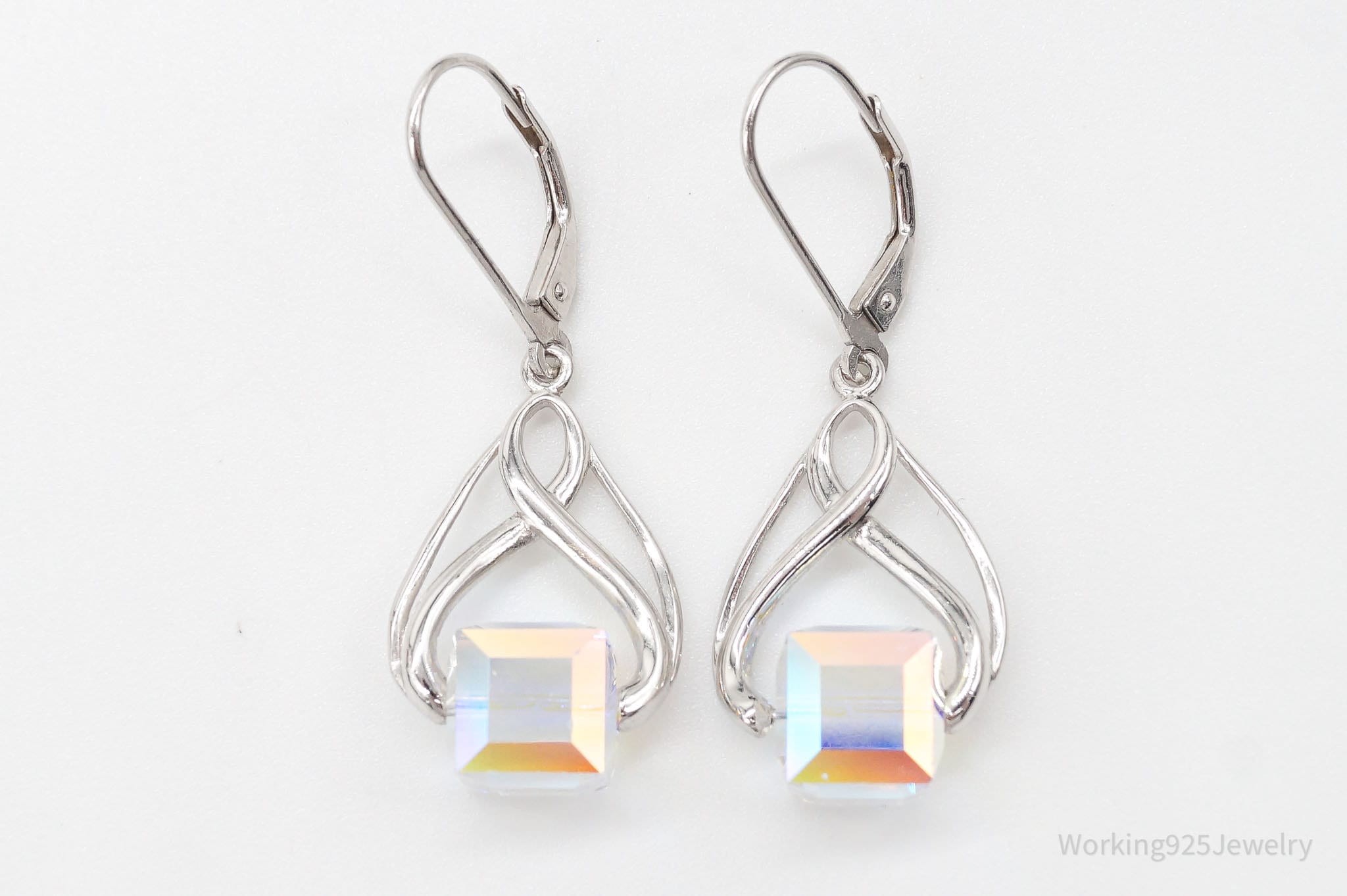 Vintage Designer FD Crystal Cube Prism Drop Dangle Sterling Silver Earrings