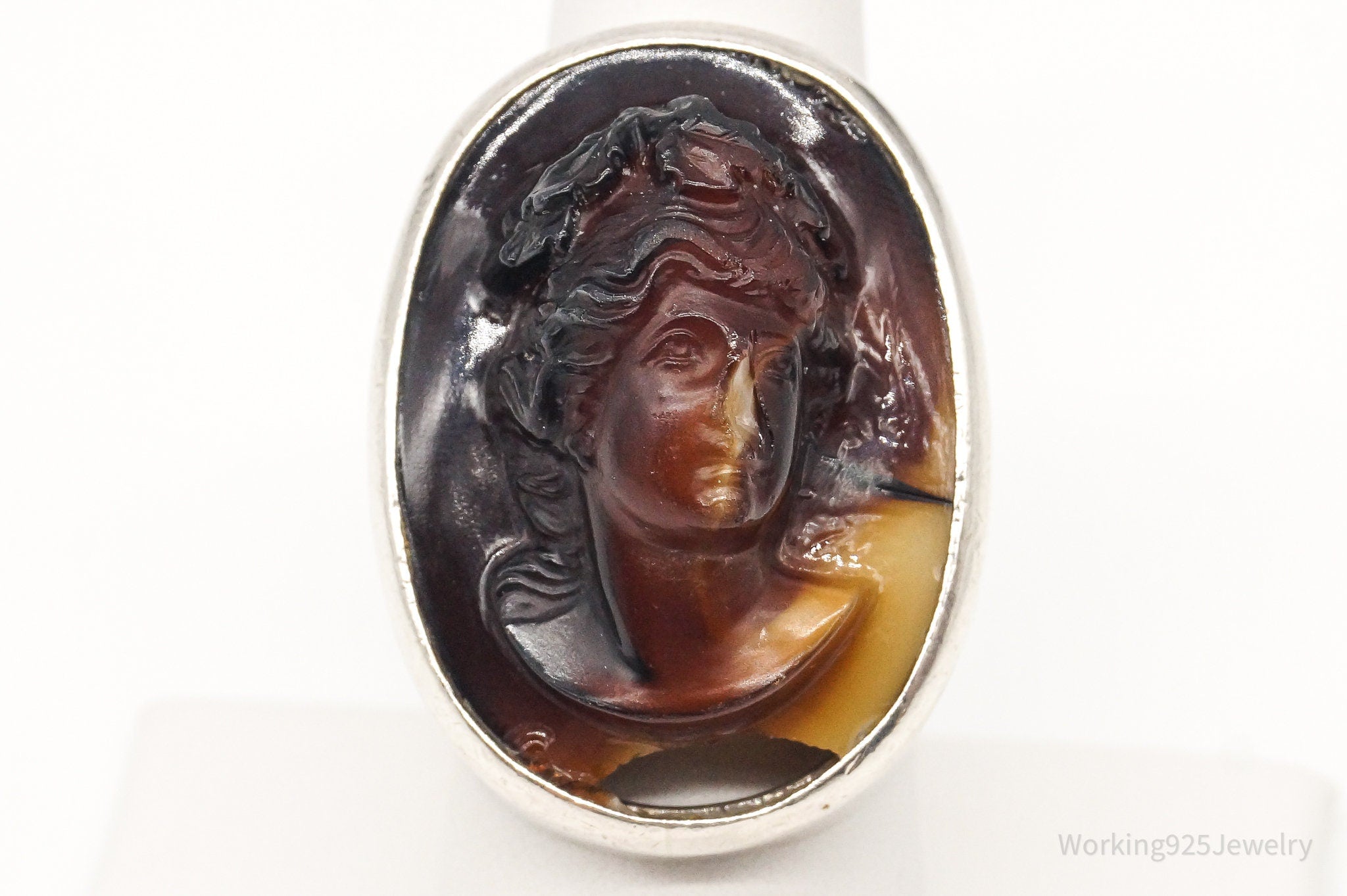 Antique Large Carved Agate Woman Cameo Silver Ring - SZ 8