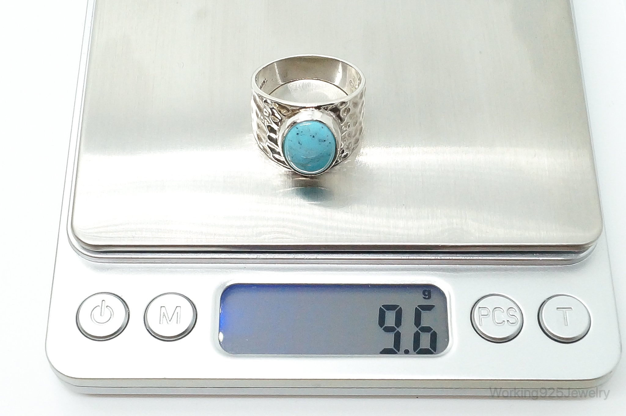 Large Turquoise Hammered Style Sterling Silver Ring - Size 9.75