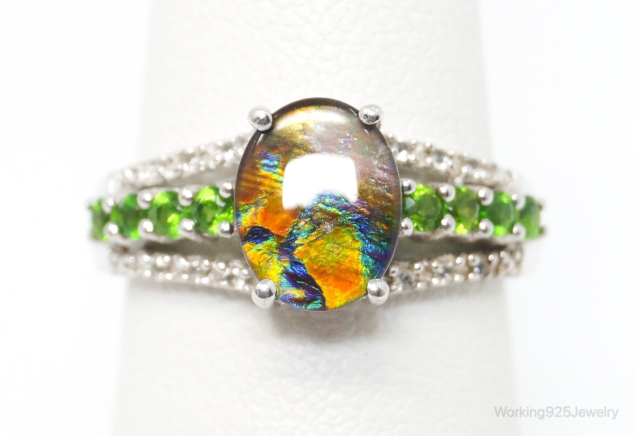 Opal Peridot Cubic Zirconia Sterling Silver Ring - SZ 7