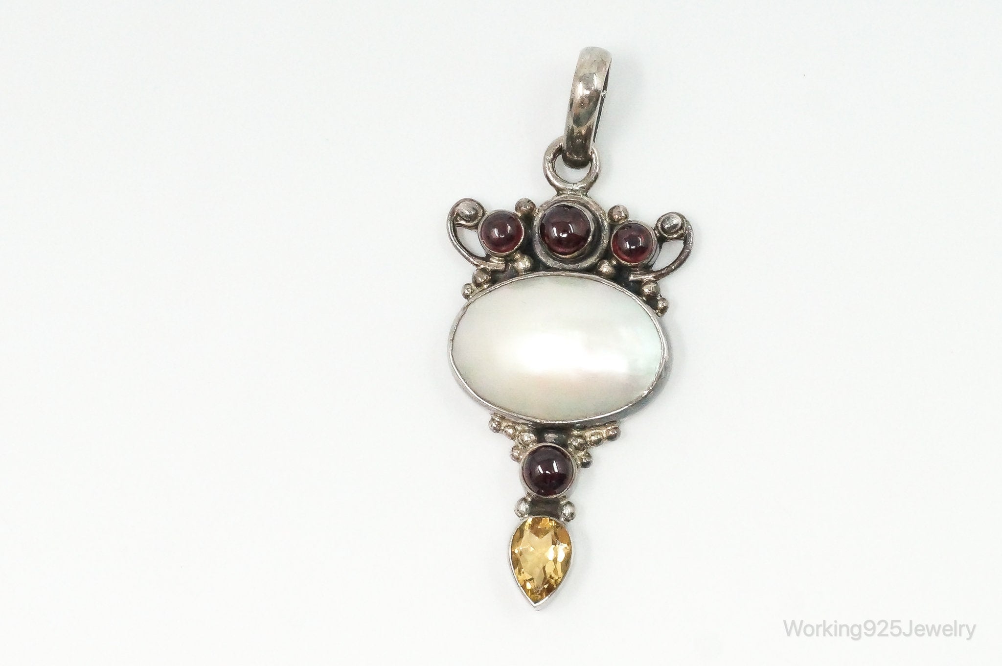 Large Vintage Mothe Of Pearl Citrine Garnet Sterling Silver Pendant