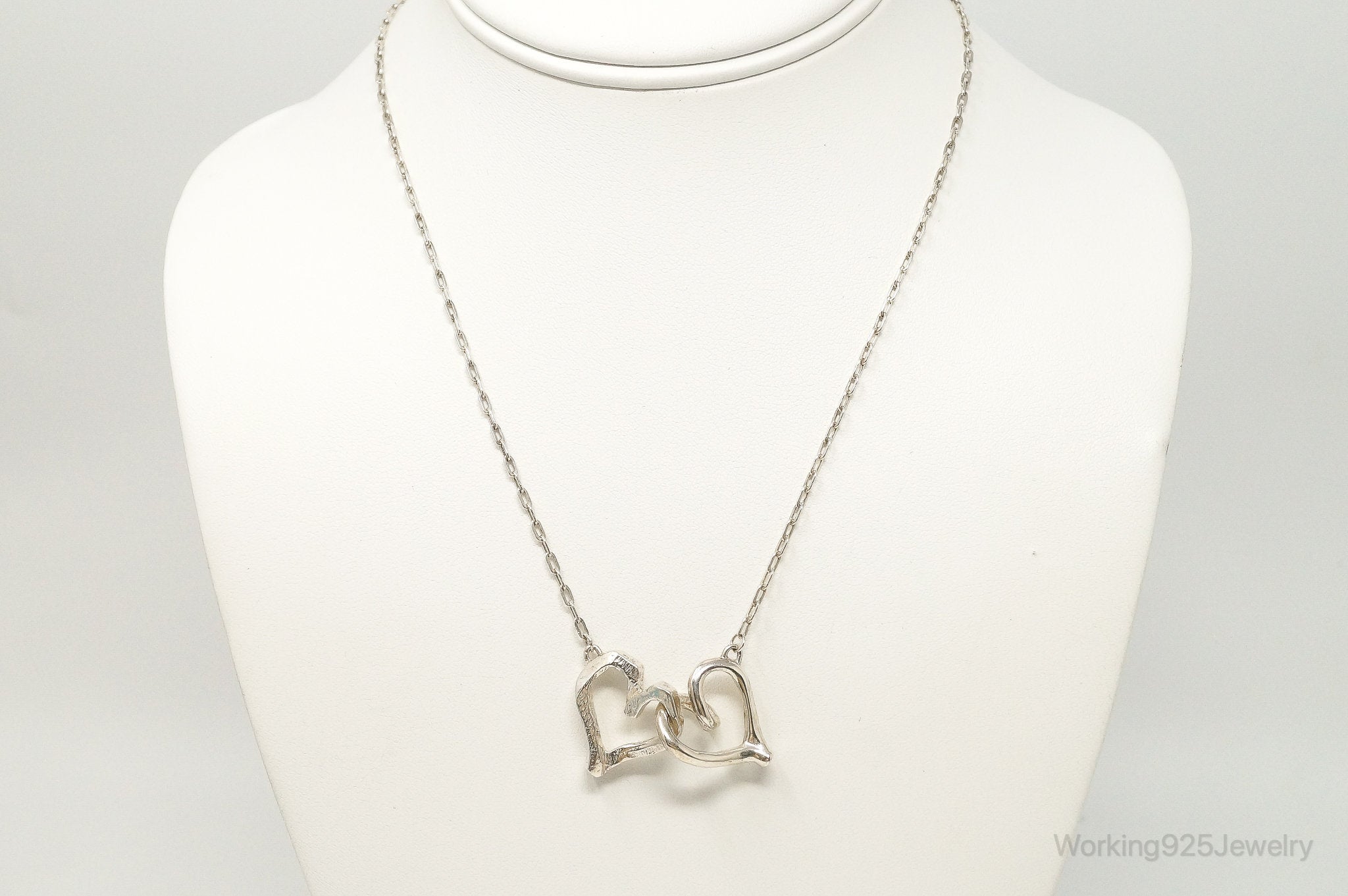 Vintage Open Linked Hearts Lovers Sterling Silver Necklace