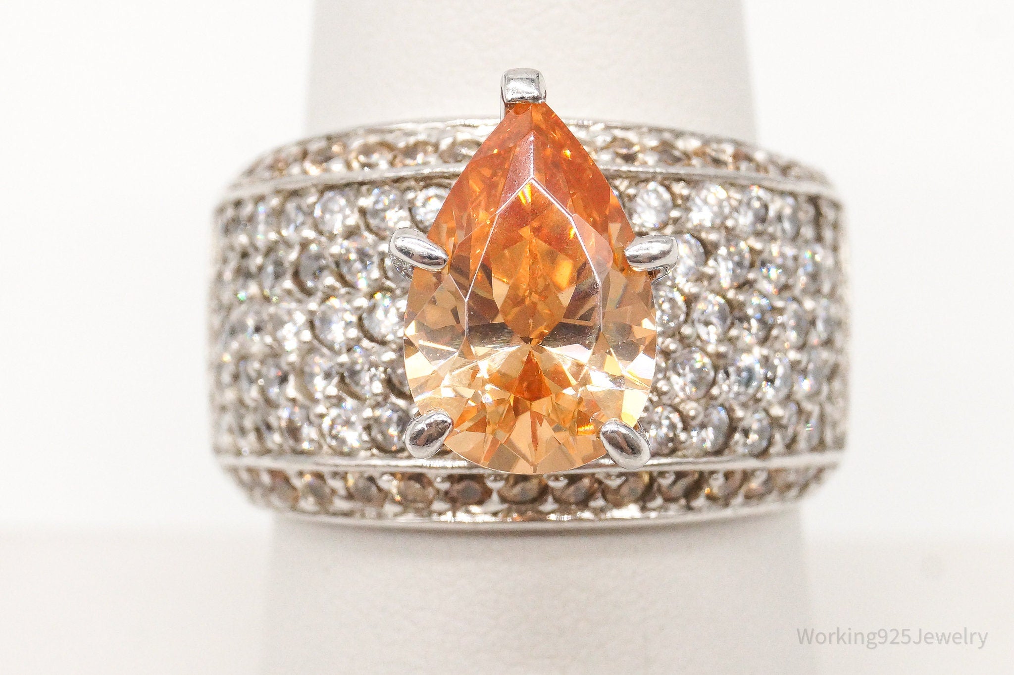 Vintage Large Citrine Cubic Zirconia Sterling Silver Ring - Size 8