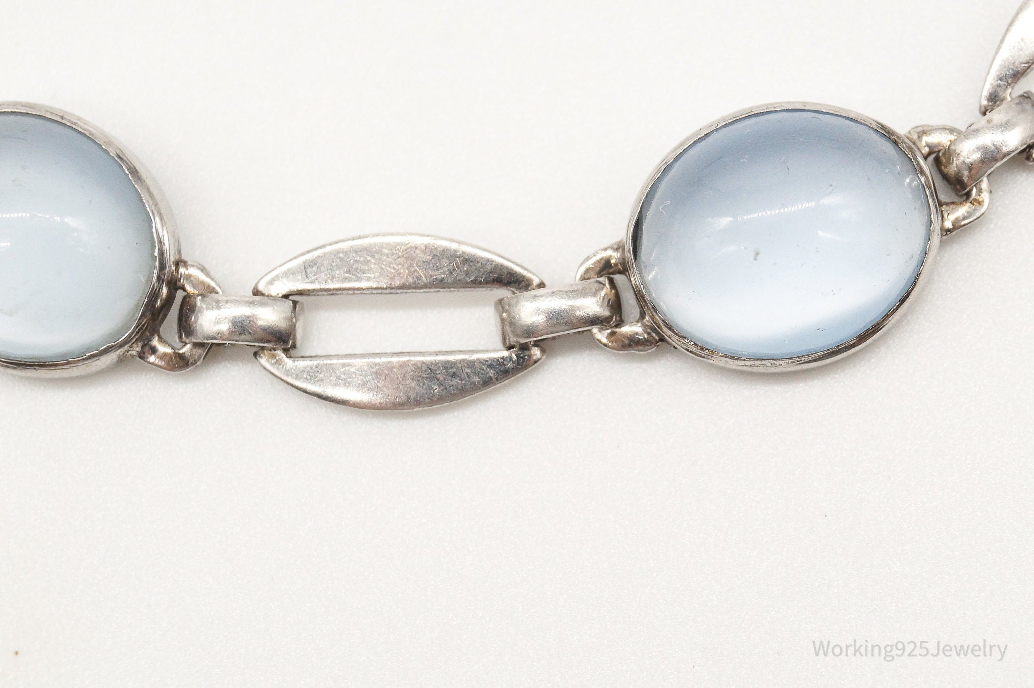 Antique WE Richards Blue Cats Eye Glass Sterling Silver Bracelet