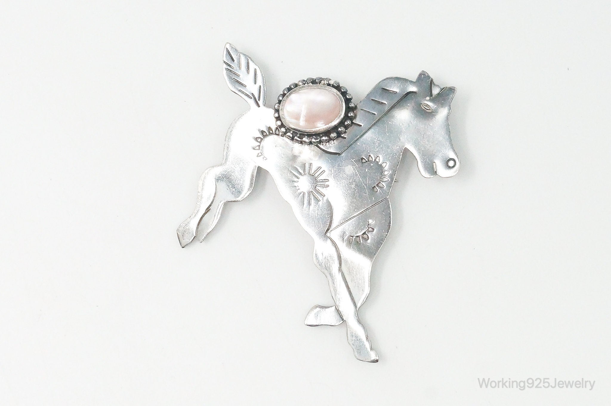 Vintage Designer Boma Pink Mother Of Pearl Horse Sterling Silver Brooch Pin